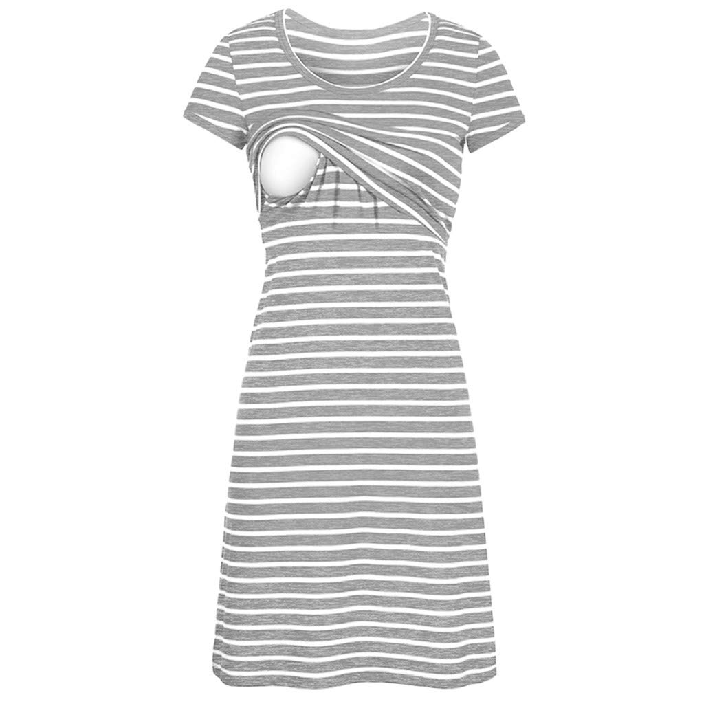 Lucktop Women's Maternity Dress - Casual Short Sleeve Striped Nursing Dress for Pregnancy, O-Neck Summer Dress in Gray, Size Small - Perfect for Maternity Photos, Baby Showers & Everyday Comfort
