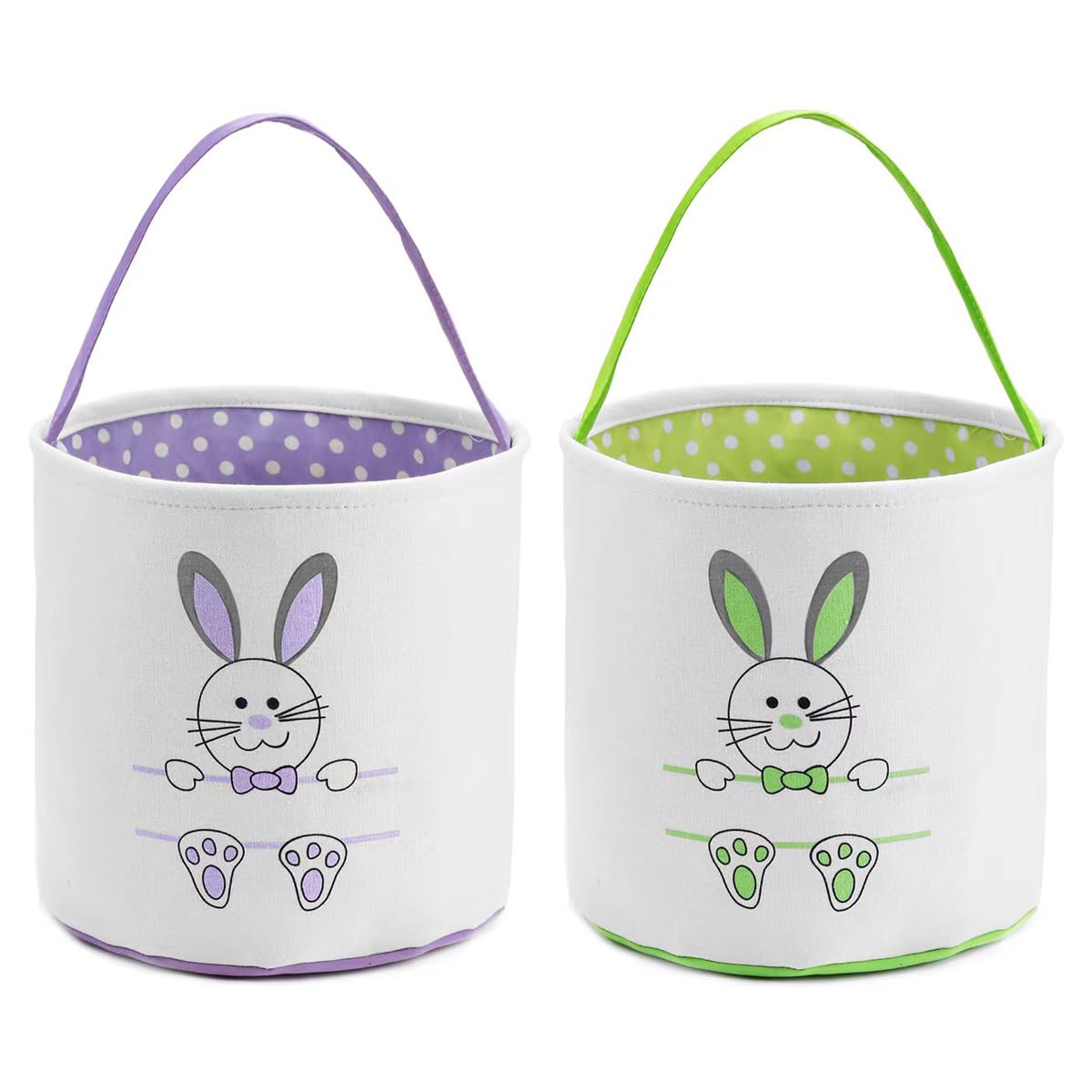 2 Pack Personalized Easter Bunny Basket Bags for Kids - Cotton Canvas Easter Egg Hunt Bags with Cute Rabbit Print - Perfect for Easter Eggs, Candy & Gifts (Green, Purple) - Great for Easter Parties, Egg Hunts & Holiday Decorations