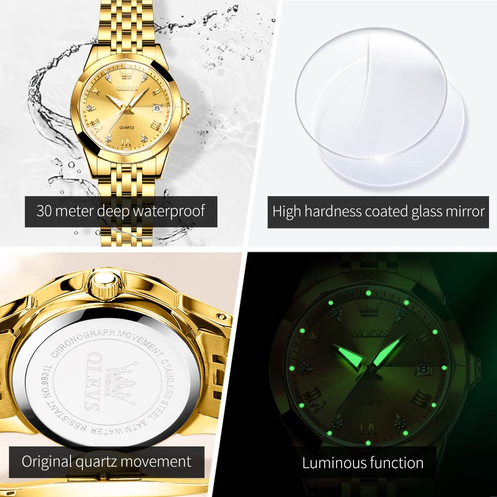 OLEVS Women's Gold Stainless Steel Waterproof Analog Watch with Date & Day - Small Face Quartz Ladies Watch - Fashion Gold, Black & White Dials - Perfect for Office, Party & Everyday Wear