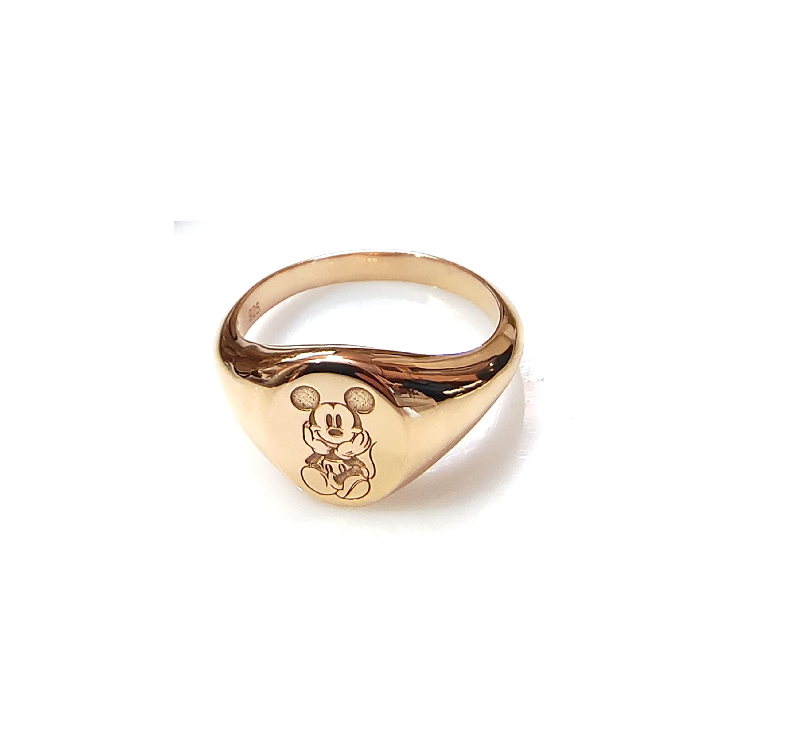 Sterling Silver Mickey Mouse Personalized Engraved Signet Ring - Custom Cartoon Jewelry for Women & Men - Perfect for Gifts, Disney Fans, and Everyday Wear - Yellow - MJR0054MKY