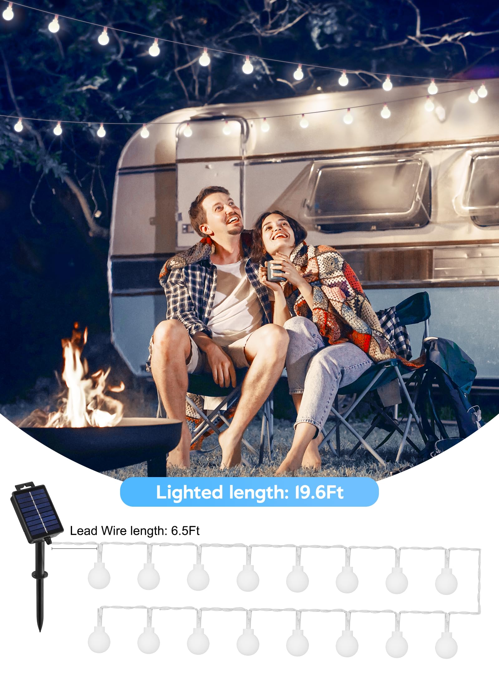Brightown 60 LED Solar String Lights Outdoor Waterproof - 19.6Ft Solar Powered Globe Lights for Yard, Balcony, Patio, Garden & Party Decor | 8 Lighting Modes | Weatherproof & Energy Efficient (Pure White) - Perfect for Outdoor Weddings, Christmas Decorations & Backyard Lighting
