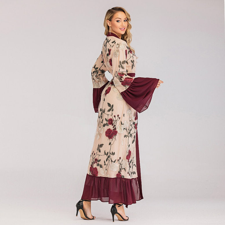 Embroidered Flower Kimono Abaya - Maroon & Gold Islamic Prayer Dress for Women | Perfect for Eid, Ramadan, and Special Occasions