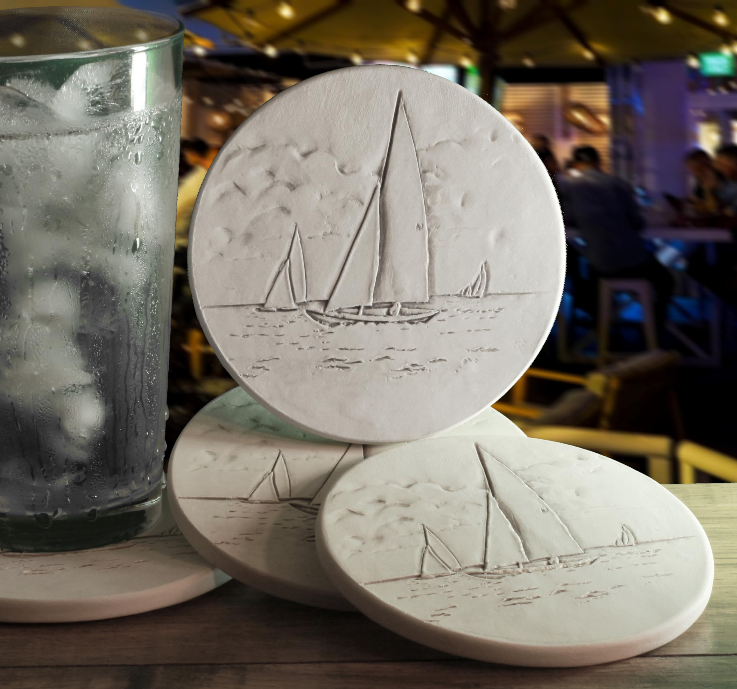 Sailboat Absorbent Drink Coasters Set of 4 - Non-Slip Cork Backing for Coffee, Beer & Wine - Perfect for Nautical Home Decor, Boat Parties & Summer Entertaining