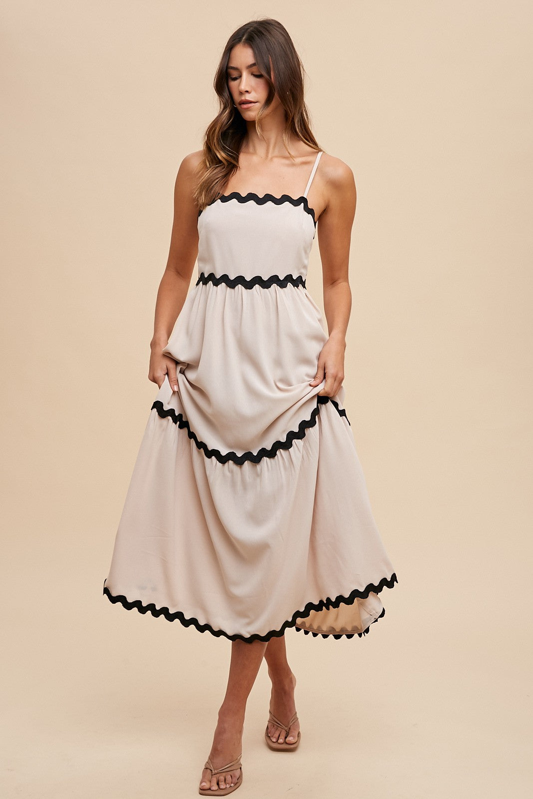 Beige Ric Rac Trim Tiered Midi Dress - Vintage Inspired Ruffled Summer Dress for Women | Perfect for Weddings, Garden Parties & Date Nights