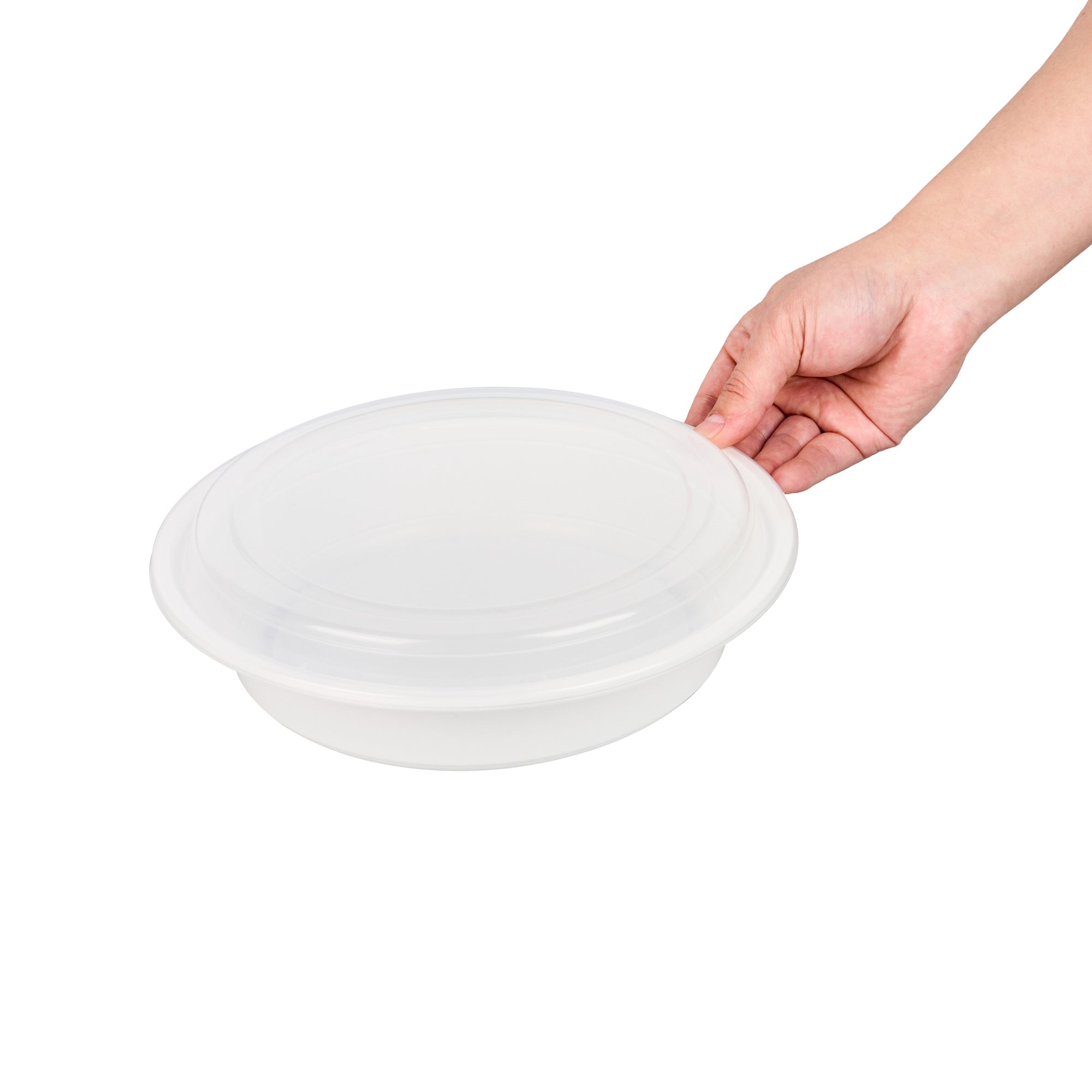 48 oz Round White Plastic Food Storage Containers with Clear Lids - Microwave Safe, 9x9x1.75 Inches - 50 Pack Bulk Disposable Takeout Containers for Restaurants, Catering & Meal Prep