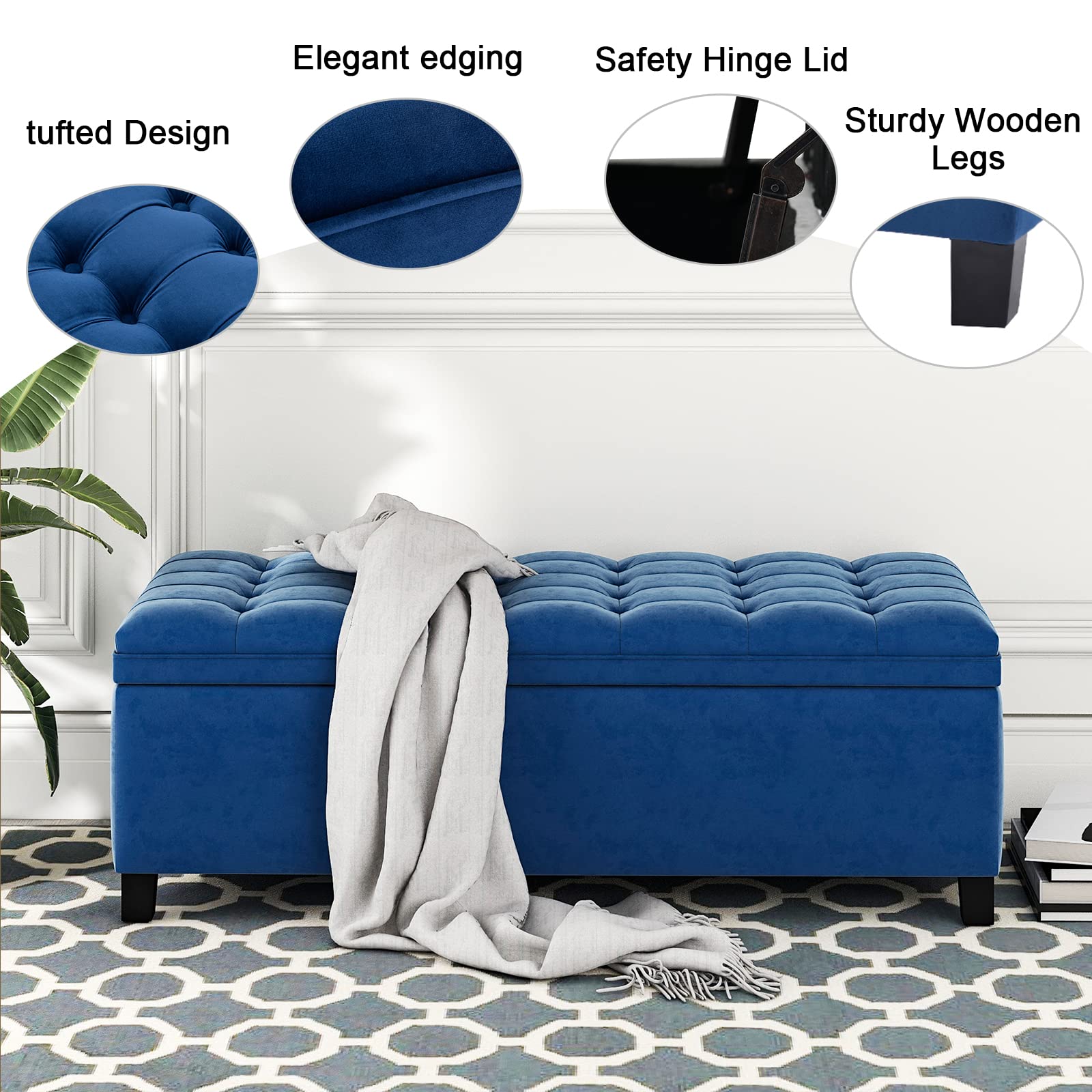 Tufted Storage Ottoman Bench with Upholstered Seat - Large Polyester Footstool for Bedroom, Living Room & Entryway | End of Bed Bench with Hidden Storage for Shoes & Blankets | Blue Home Decor (Perfect for Small Spaces & Organization)
