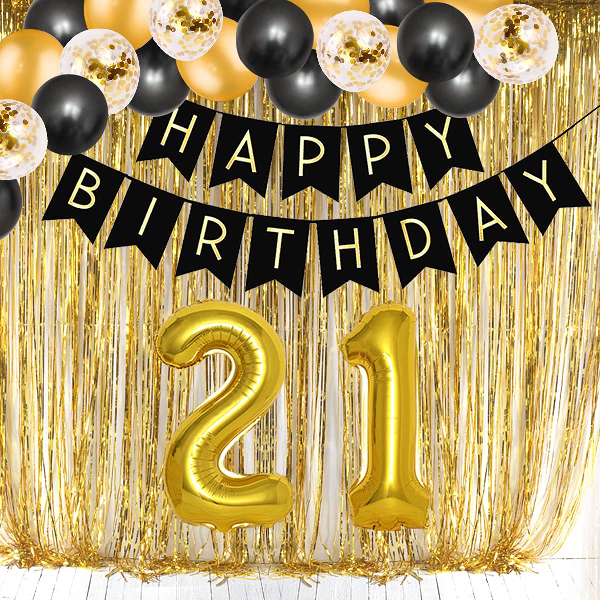 21st Birthday Party Decorations Set - Black & Gold Balloons, Banner, Sash & Fringe Curtain for Him or Her | Perfect for Milestone Birthday Celebrations, Photo Backdrops & Party Room Decor