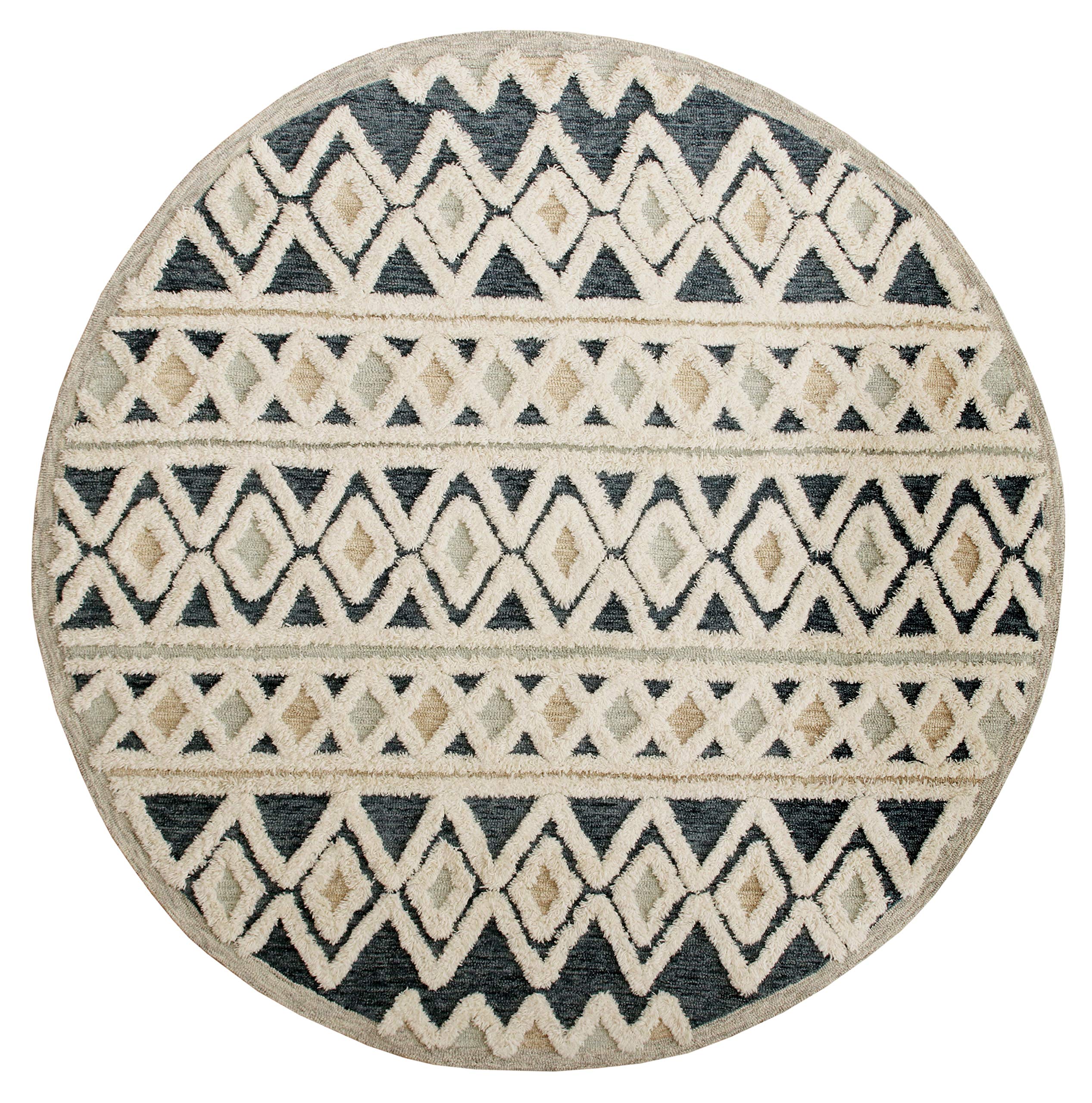 LR Home 6ft Round Indoor Natural Wool Area Rug - Hand Tufted Modern Farmhouse Boho Style for Bedroom, Living Room, Entryway & Playroom | Blue and Cream Home Decor Carpet | Perfect for Cozy Spaces, Nursery & Home Office