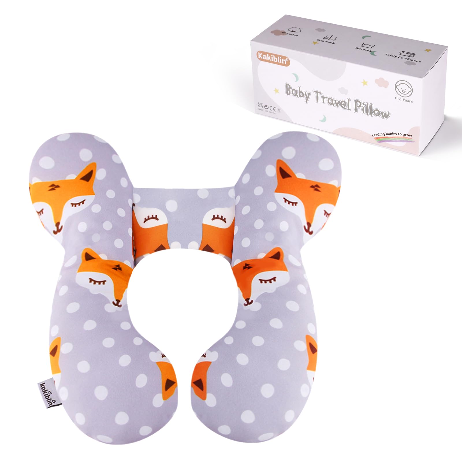 **KAKIBLIN Baby Travel Pillow - Upgraded Neck Support for Car Seat & Stroller, Soft Head & Neck Support for Toddlers, Comfortable for Airplane & Road Trips (Gray Fox) - Perfect for Long Journeys & Daily Commutes**