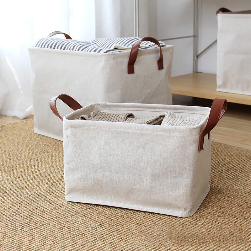 MILILOVE 3-Pack Cotton Linen Storage Baskets 17x12x11 Inches, Waterproof Collapsible Fabric Bins with Leather Handles - Closet Organizer for Nursery, Toys, Underwear & Clothes | Perfect for Bedroom, Bathroom & Shelf Storage