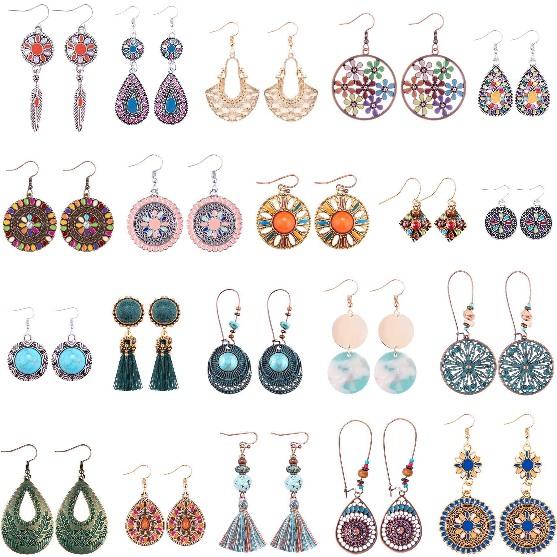 Duufin 20 Pairs Bohemian Earrings for Women - Vintage Drop Dangle Earrings Set, Alloy Long Boho Statement Jewelry | Perfect for Festivals, Parties & Everyday Boho Fashion