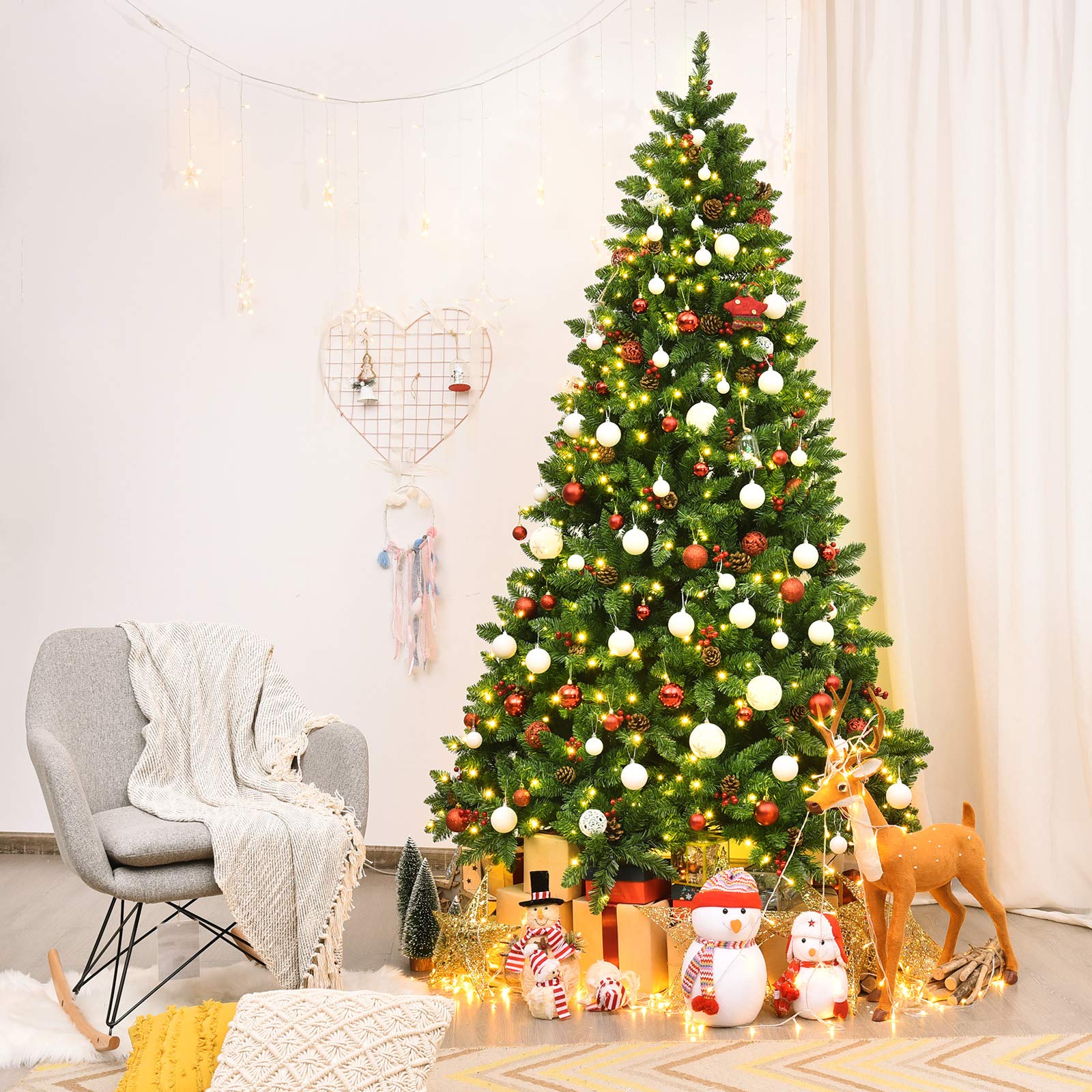 7.5ft Pre-Lit Artificial Christmas Tree with 1526 PVC Branches, 550 Warm White LED Lights (UL Certified), 73 Pine Cones & Red Berries - Foldable Metal Hinge Base - Perfect for Home Decor, Holiday Parties & Christmas Celebrations