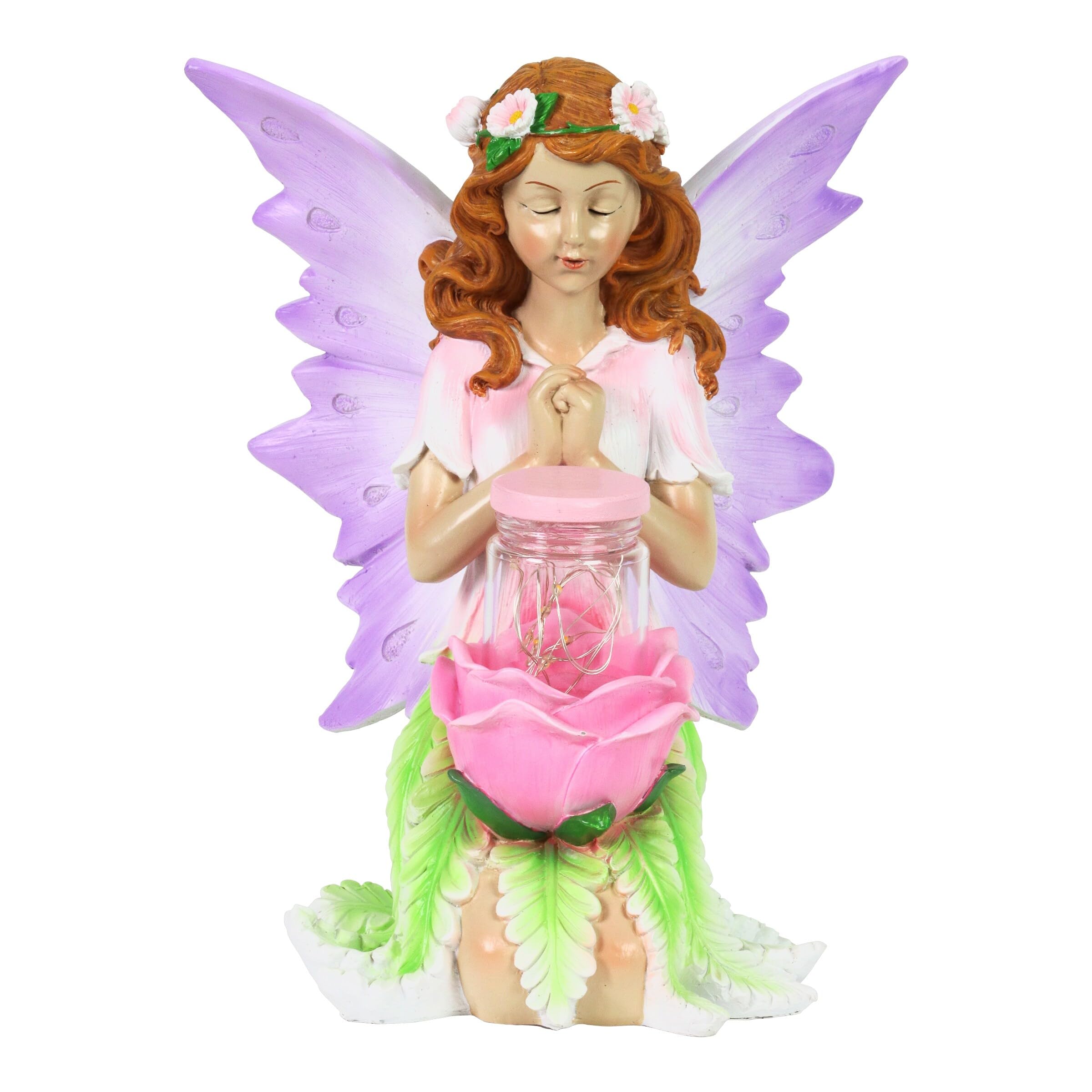 Exhart Solar Fairy Garden Statue with Rose & Firefly Jar - 8 LED Lights, 7.5 x 8.5 x 10 Inch Outdoor Lawn & Yard Decoration - Perfect for Fairy Gardens, Patios, and Backyard Landscaping