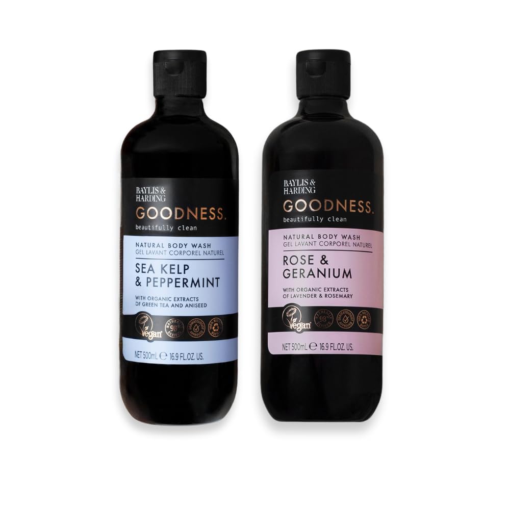 Baylis & Harding Goodness Natural Body Wash Set - Rose & Kelp Scent, 98% Naturally Derived, Dermatologist Approved, Vegan & Cruelty-Free | Moisturizing Shower Gel for Dry Skin, Perfect for Daily Use & Relaxing Bath Time