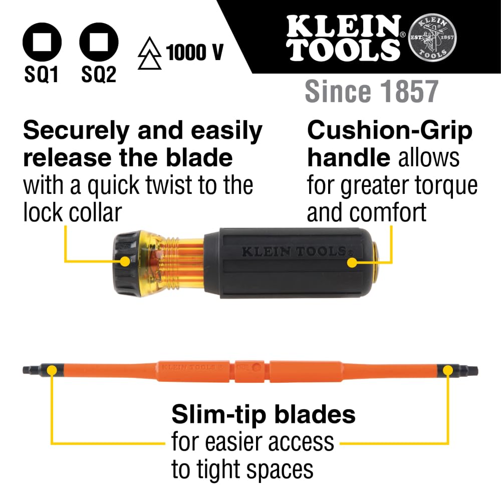 Klein Tools 32287 Insulated Screwdriver Set - 2-in-1 Flip Blade with #1 & #2 Square Tips - Double-Ended Electrician Screwdriver for Safe Electrical Work - Perfect for DIY, Home Repairs, and Professional Electricians