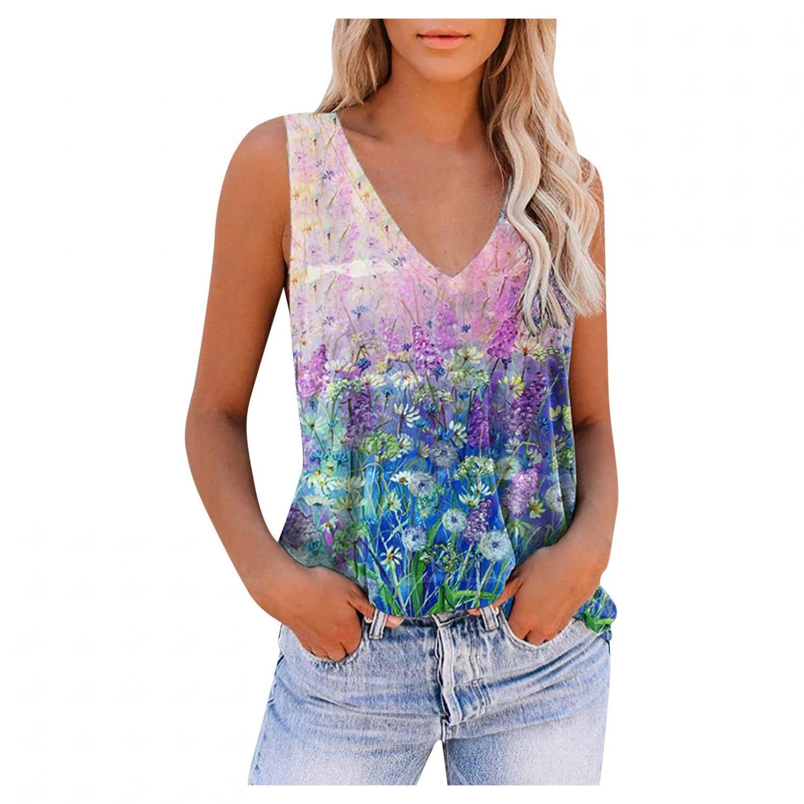 FABUIRT Women's Summer Sleeveless V-Neck Tank Top - Floral Print Casual Workout Tee for Gym, Yoga, Beach & Everyday Wear