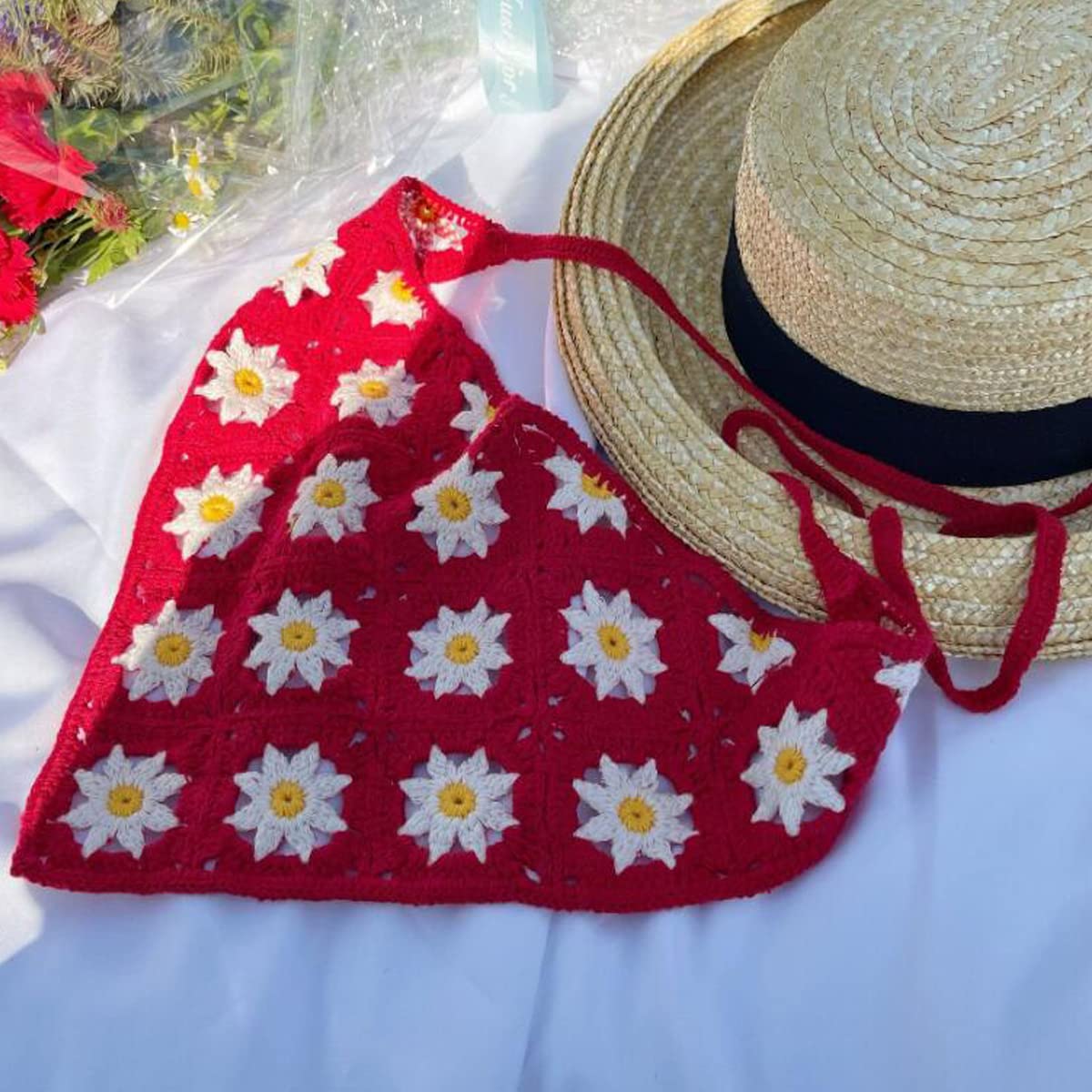 FZBNSRKO Crochet Kerchief Headwrap - Floral Knit Hair Scarf Bandana for Women & Girls, Red - Boho Chic Accessory for Summer, Beach, and Outdoor Activities