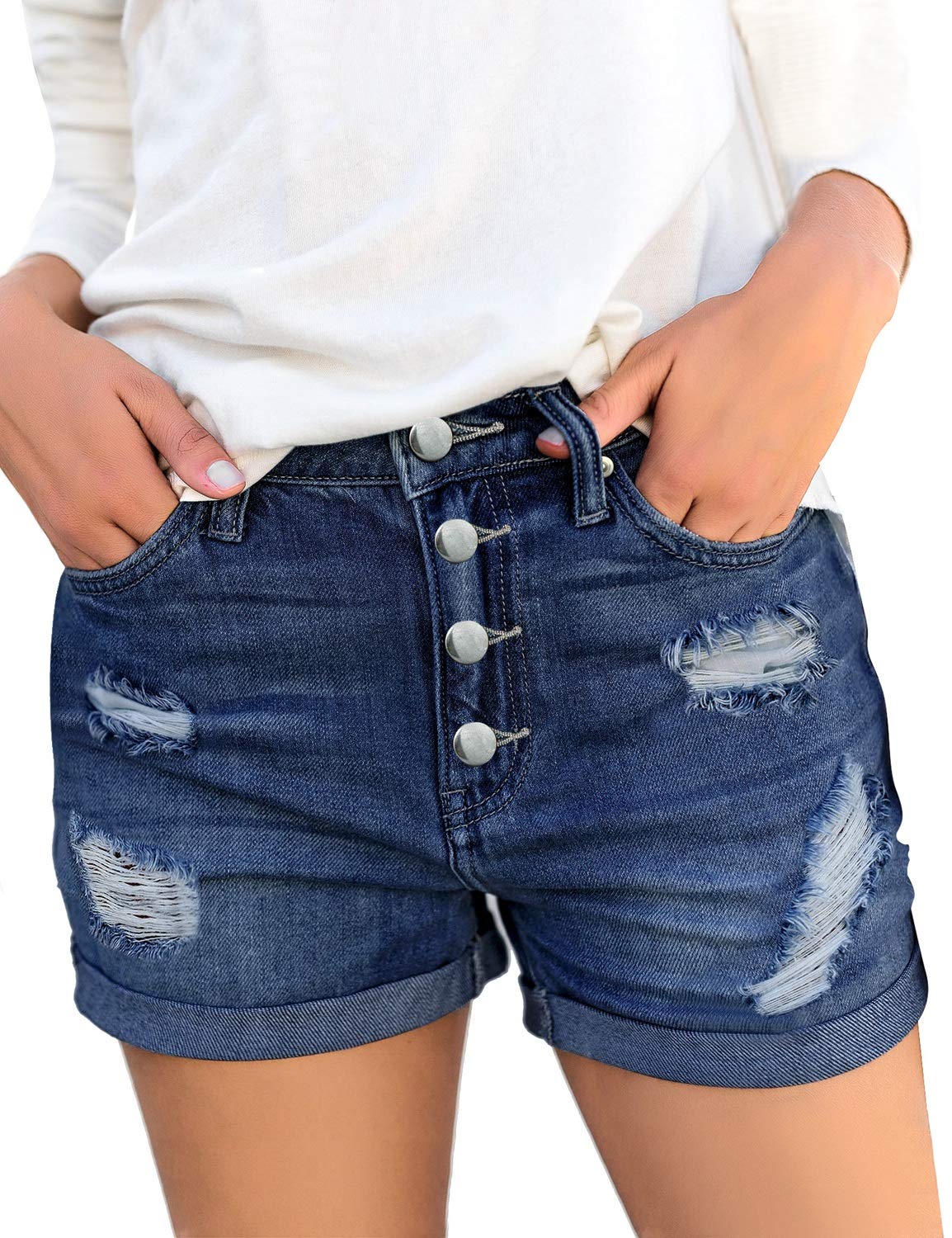 Luvamia Women's Ripped High Waisted Stretchy Denim Shorts with Cuffed Hem - Comfortable Distressed Jean Shorts for Summer, Casual Outfits & Beach Vacations