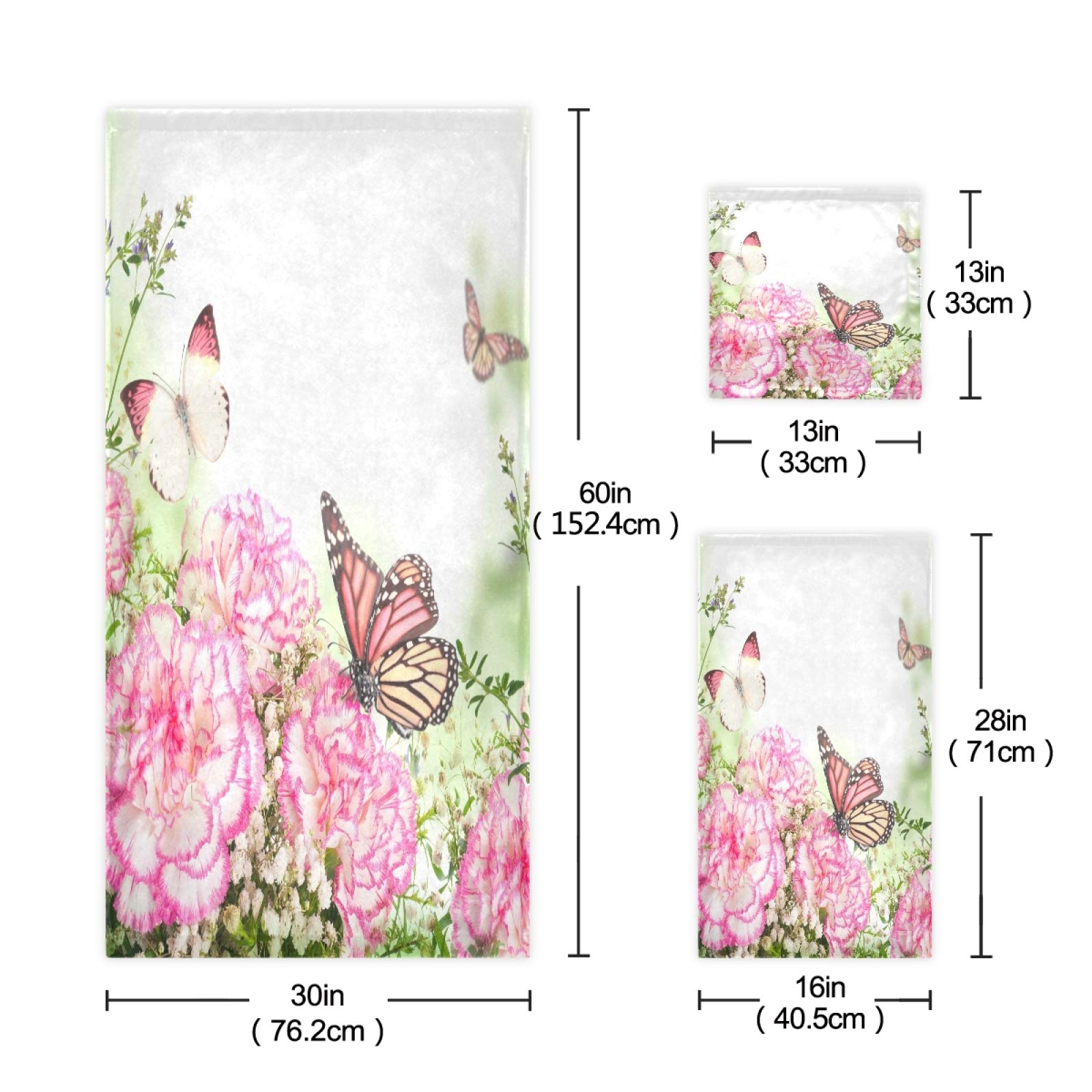 ALAZA Luxury Pink Roses & Butterfly Bath Towel Set - 3 Piece (Bath Towel, Hand Towel, Washcloth) | Soft, Absorbent & Decorative for Bathroom, Hotel, Gym, Yoga & Spa | Perfect Gift for Women & Home Decor