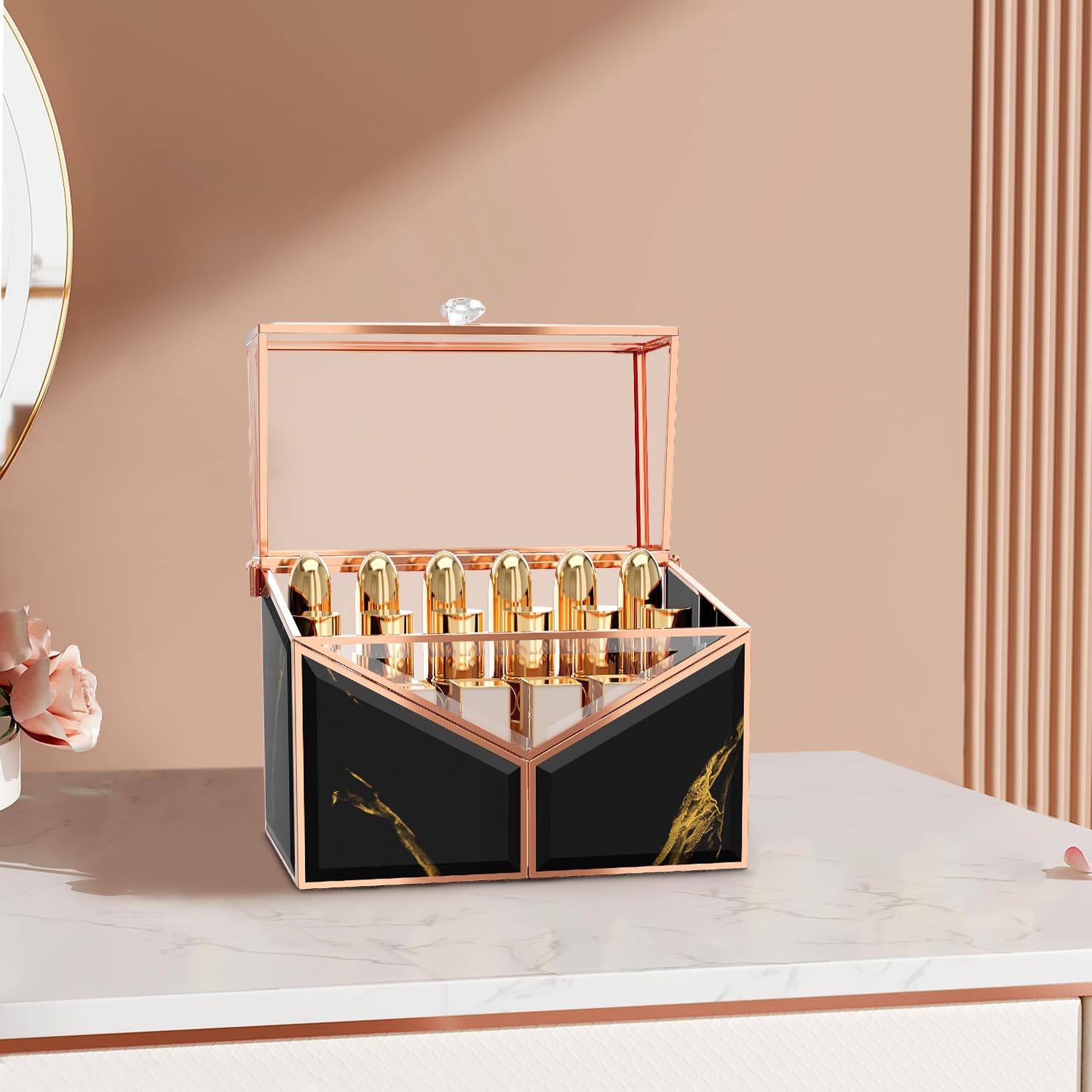 Premium 18-Slot Lipstick Organizer & Nail Polish Holder - Tempered Glass Cosmetic Storage with Removable Dividers | Luxury Vanity Organizer for Makeup Display & Bathroom Countertop Organization