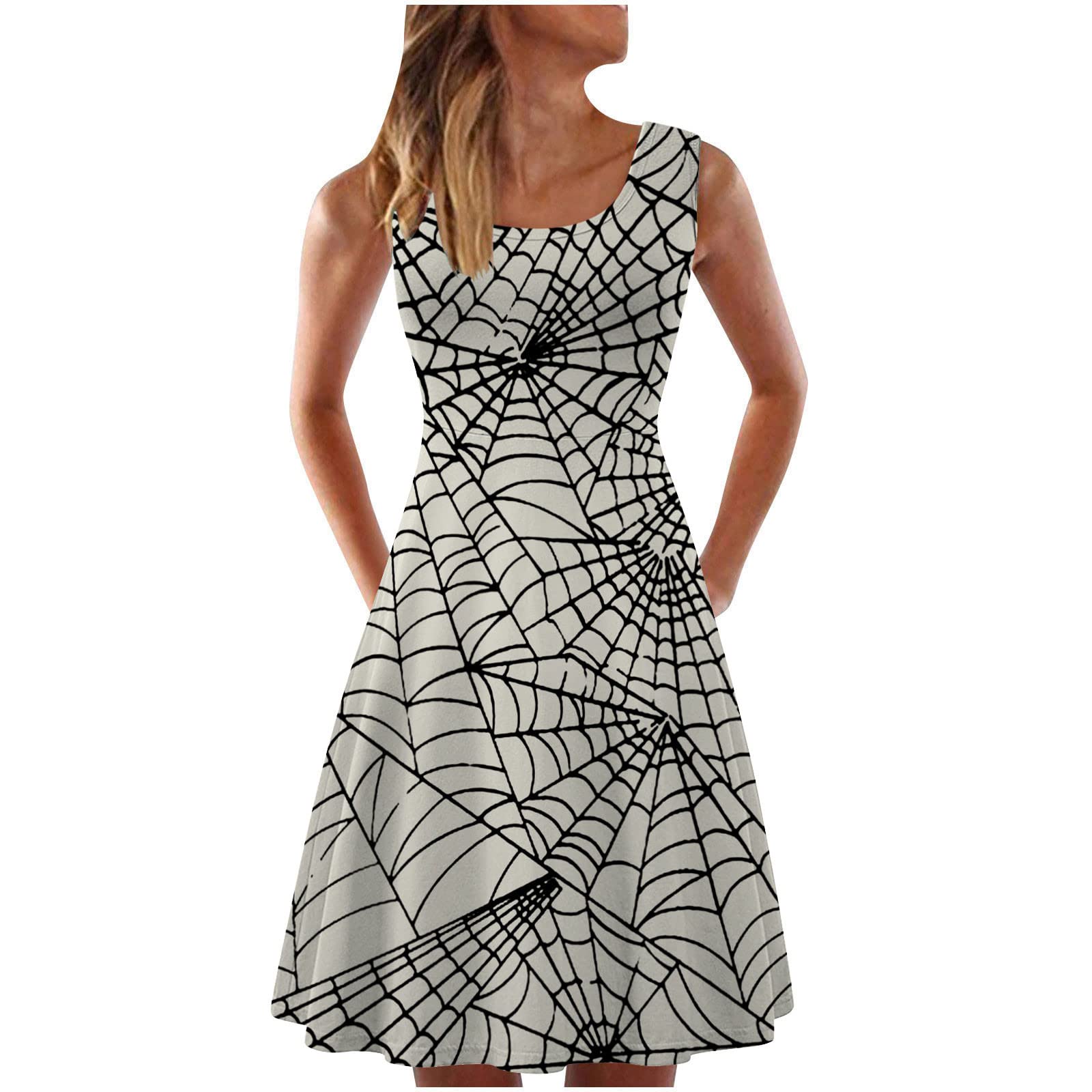 Sinzelimin Women's Skeleton Print Tank Dress - Halloween Costume, Sleeveless Mini Dress, Slim Fit Pullover Sundress for Parties, Cosplay & Festival Outfits
