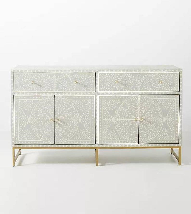 Handmade Floral Inlay Grey Sideboard with 4 Doors & 2 Drawers - Custom Solid Wood Buffet Table for Dining Room Storage & Home Decor