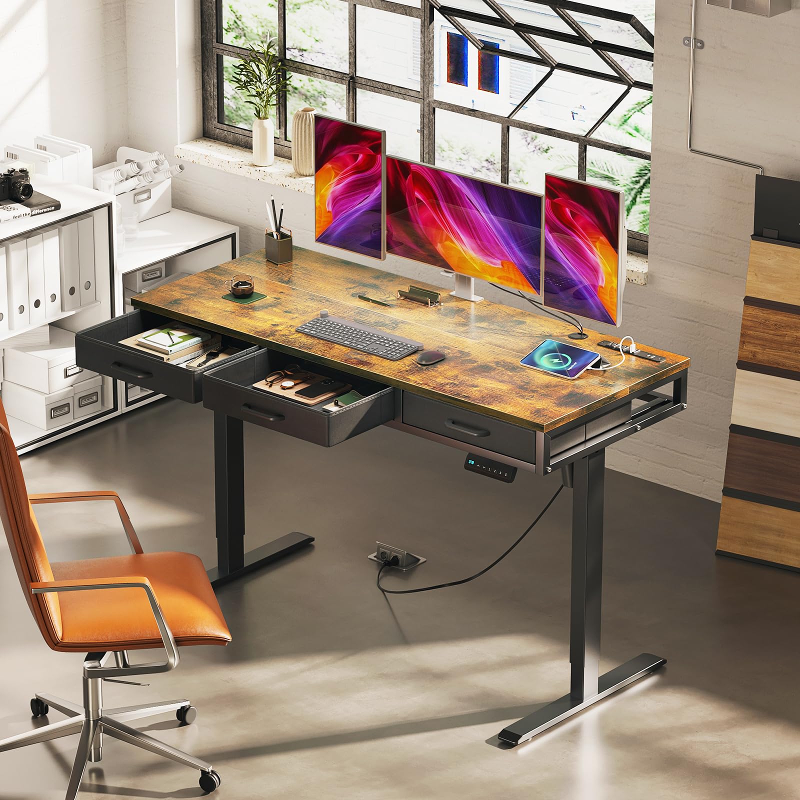 AODK 55 Inch Electric Height Adjustable Standing Desk with Drawers & Power Outlets - Sit Stand Computer Desk for Home Office, Ergonomic Workstation (Rustic Brown) - Perfect for Remote Work, Gaming & Study Spaces