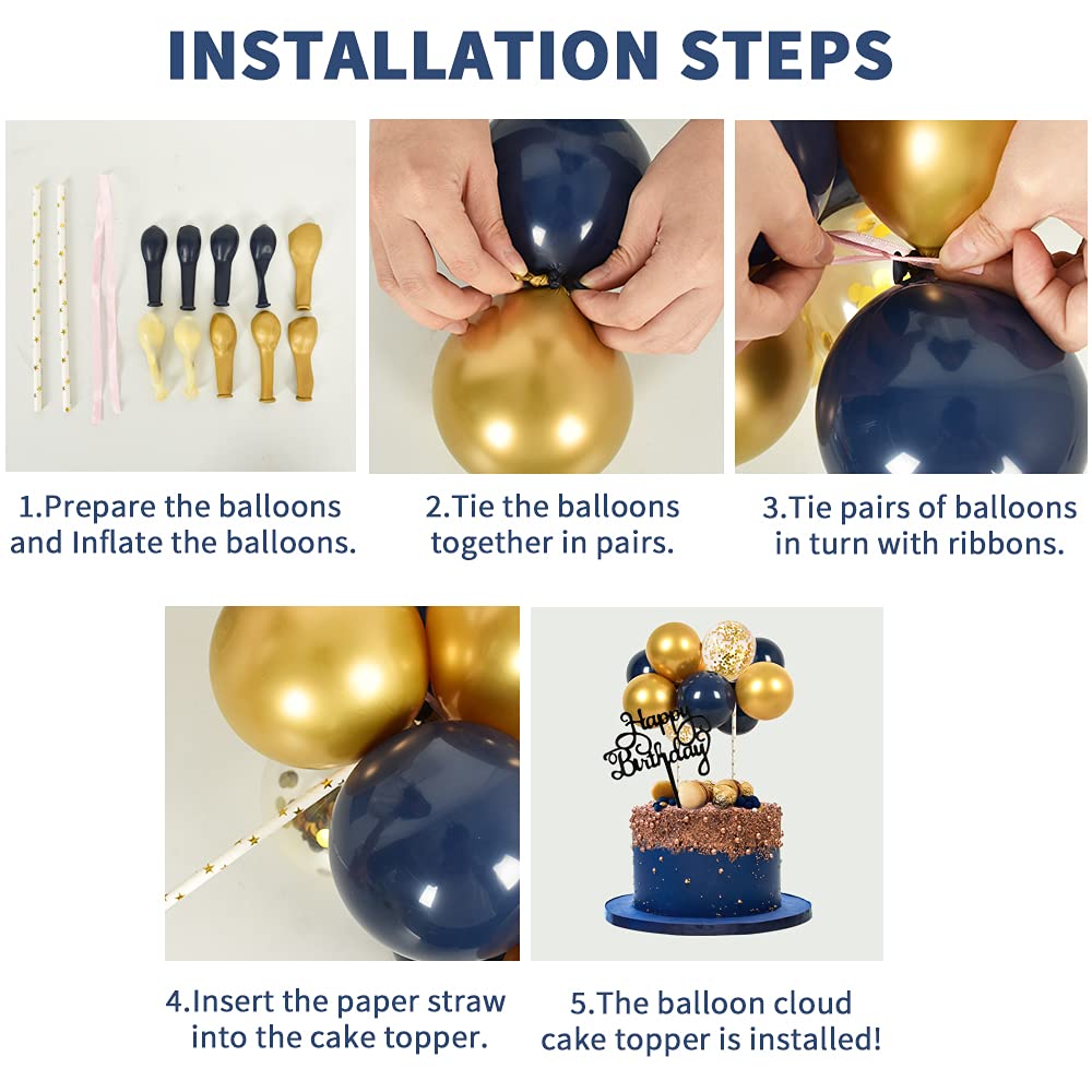 BEISHIDA 5 Inch 10pcs Navy Gold Balloon Cloud Cake Toppers - Happy Birthday Cupcake Decorations, Mini Balloon Garland with Birthday Letters - Perfect for Birthday Parties, Baby Showers & Wedding Celebrations
