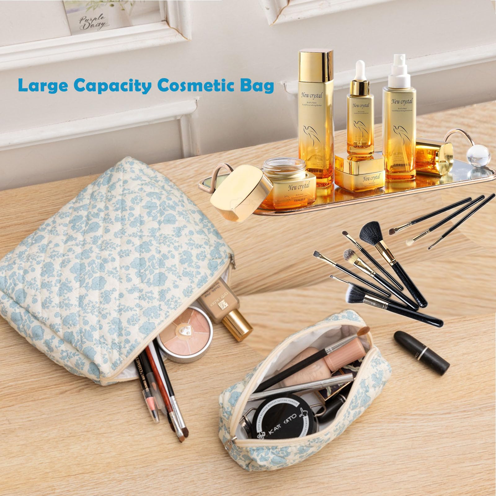 Quilted Floral Makeup Bag Set - 2PCS Large Cosmetic Organizers for Women | Travel & Daily Use