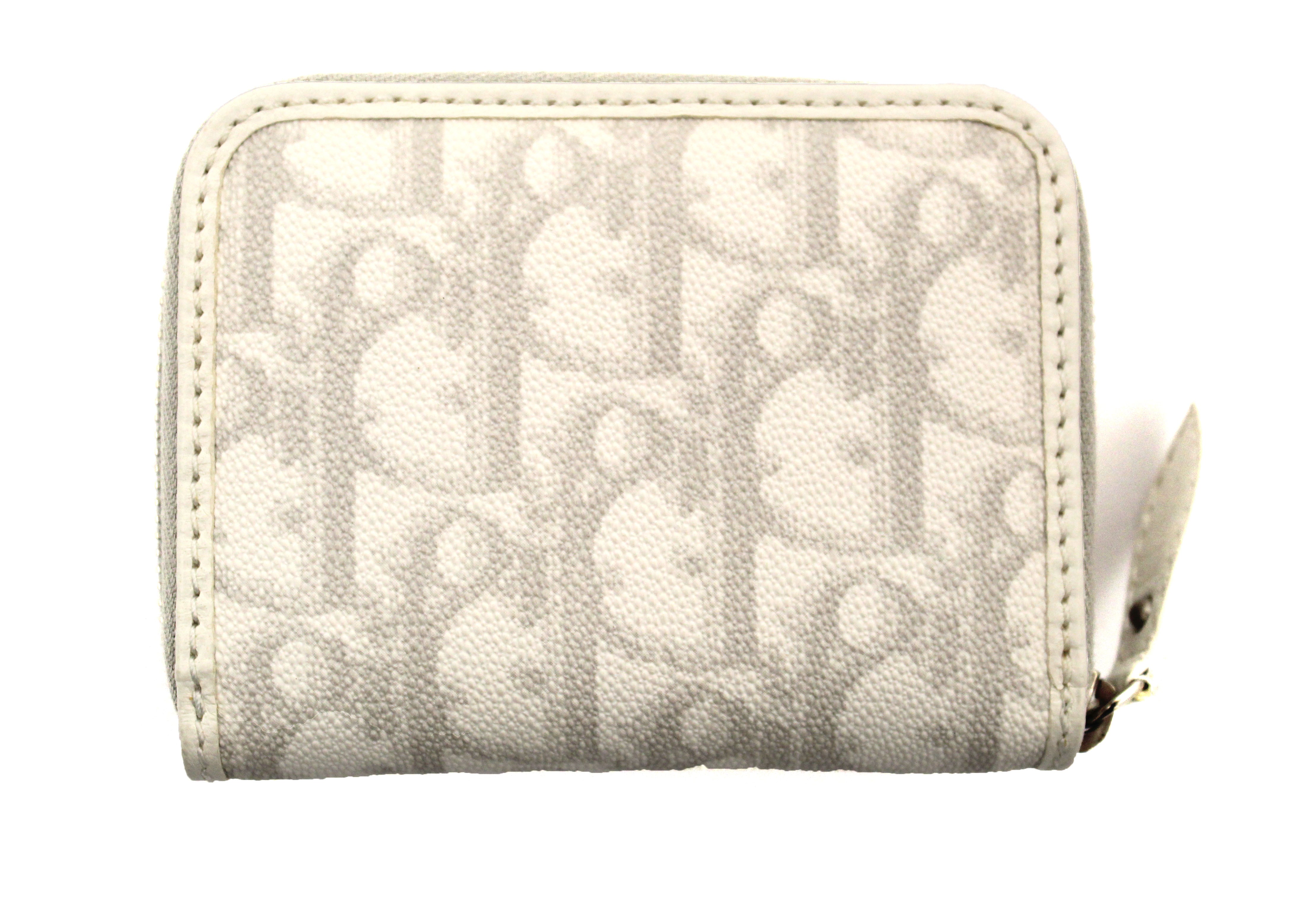 Authentic Christian Dior White Canvas Romantique Heart Zip Around Wallet - Elegant Card Holder for Women, Perfect for Everyday Use, Parties & Gift Giving