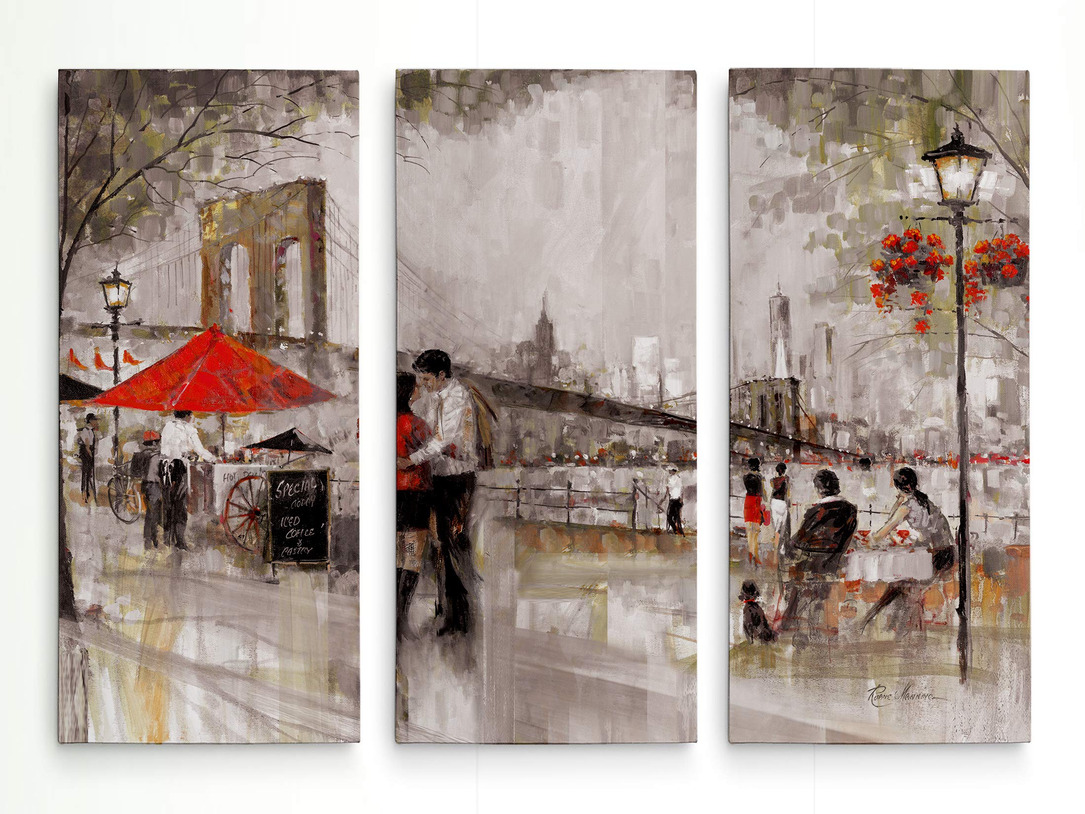 New York Romance 3-Panel Canvas Wall Art - Stretched Gallery Wrapped Modern Home Decor for Living Room, Bedroom & Office