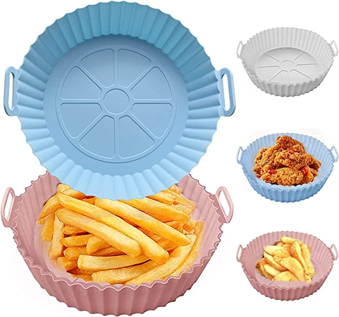 Kesi Reusable Silicone Air Fryer Pot with Ear Handles - Food Grade Heat Resistant Air Fryer Accessories & Silicone Liner with Wave Stripe Texture for Even Heating - Perfect for Air Fryer Ovens, Roasting Nuts, Baking Cookies & Healthy Cooking