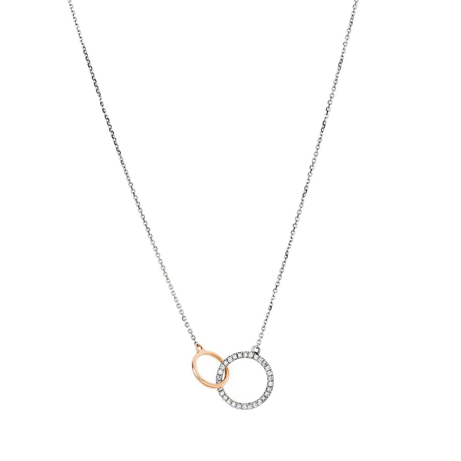 14K Two-Tone White Gold & Rose Gold Interlocking Circles Diamond Necklace - Perfect for Anniversaries, Weddings, and Special Occasions