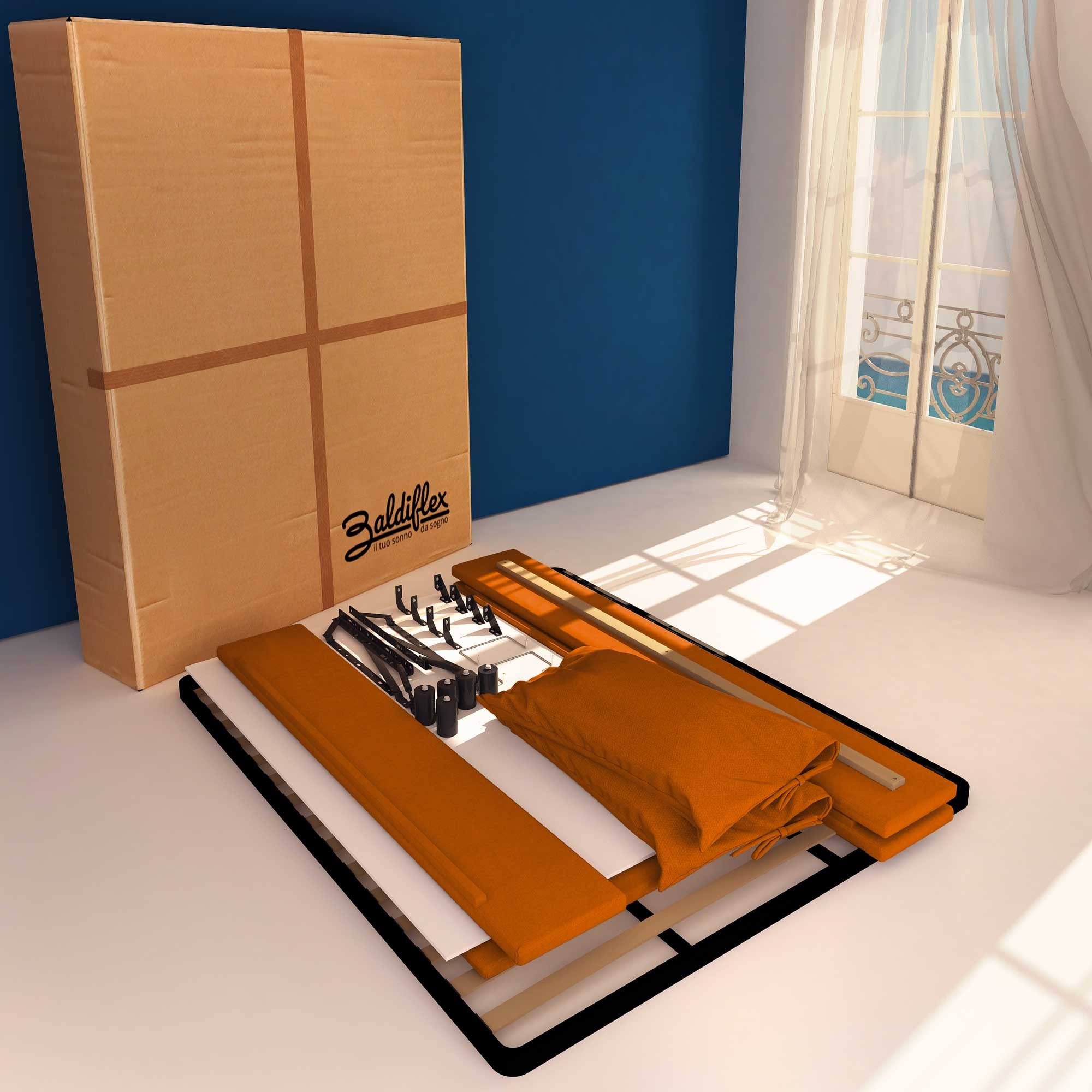 Baldiflex Single Bed with Storage - Licia Soft Synthetic Leather, Slatted Base for Single Mattress, 120 x 190 cm, Padded Headboard, Orange - Perfect for Small Bedrooms, Guest Rooms & Studio Apartments