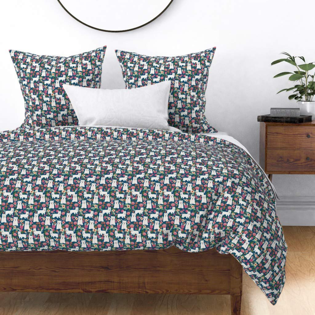 Cute West Highland Terrier Dog Floral Print Cotton Sateen Duvet Cover - King/California King Size | Westie Dog Lover's Custom Bedding | Perfect for Dog-Themed Bedrooms & Gift for Pet Owners