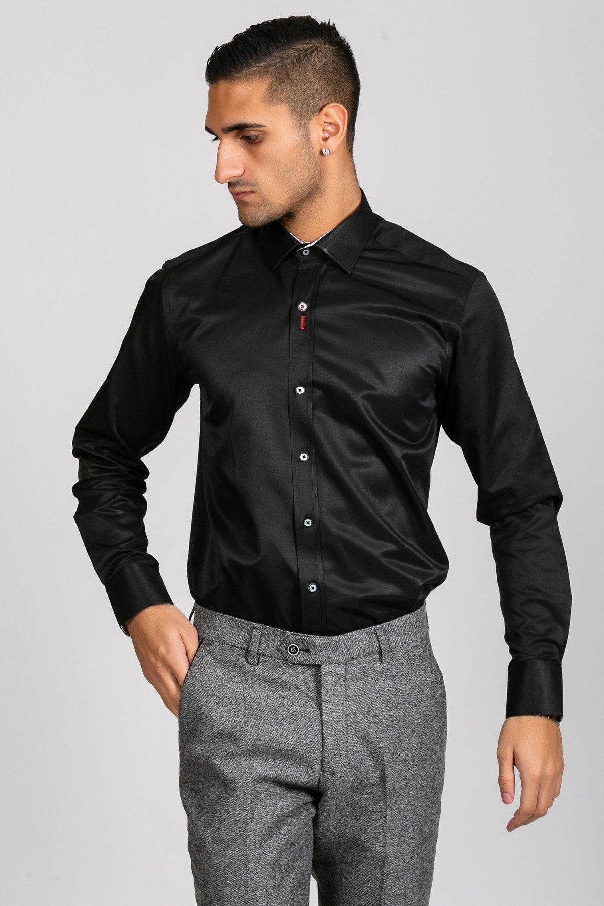 ALFIE Men's Black Long Sleeve Shirt - Slim Fit Casual Button Down Dress Shirt for Work, Business & Formal Occasions