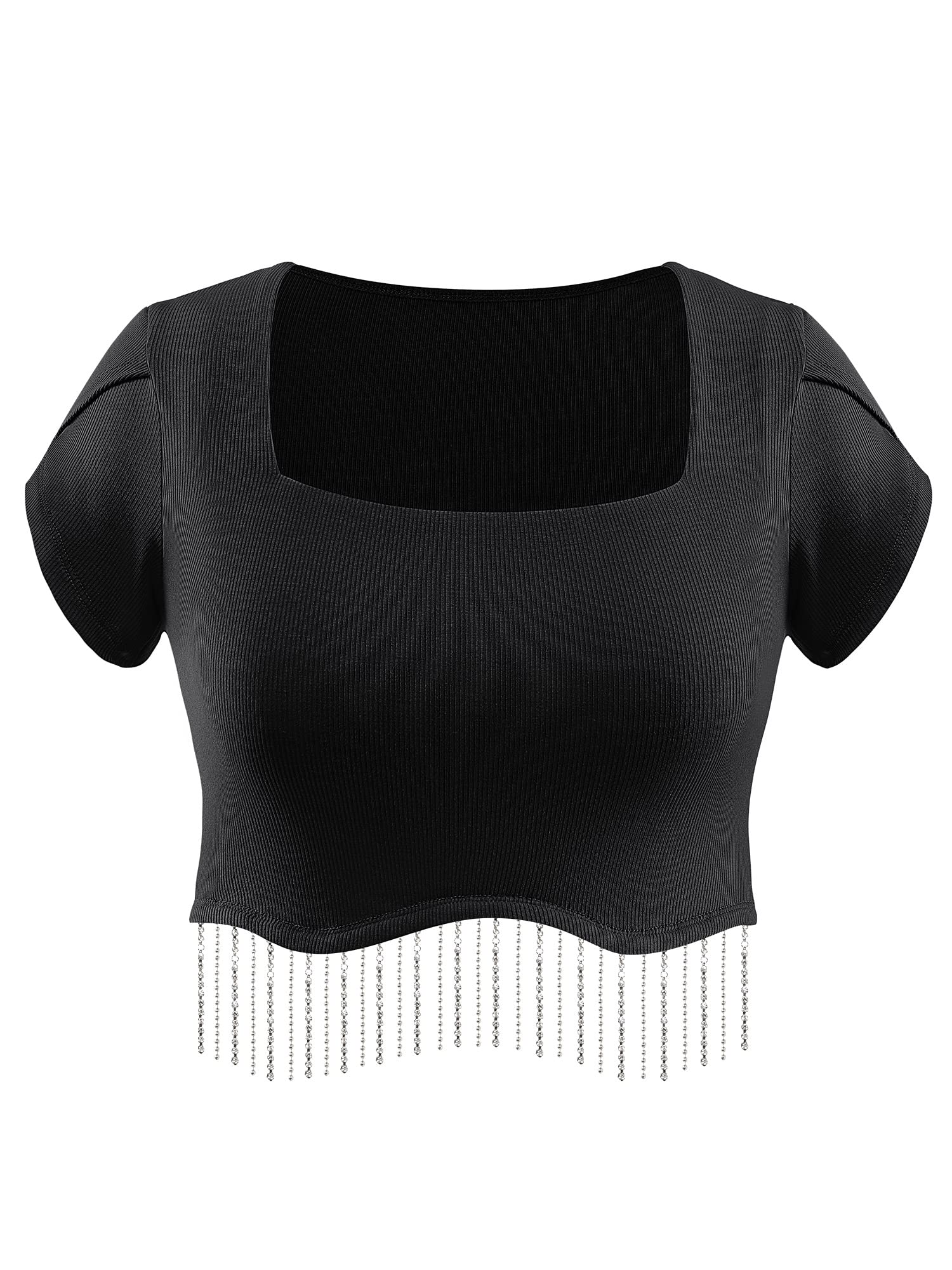 WLLW Women's Sparkly Rhinestone Fringe Petal Sleeve Crop Top - Square Neck Glitter Tassel Shirt for Party, Club, Festival & Night Out