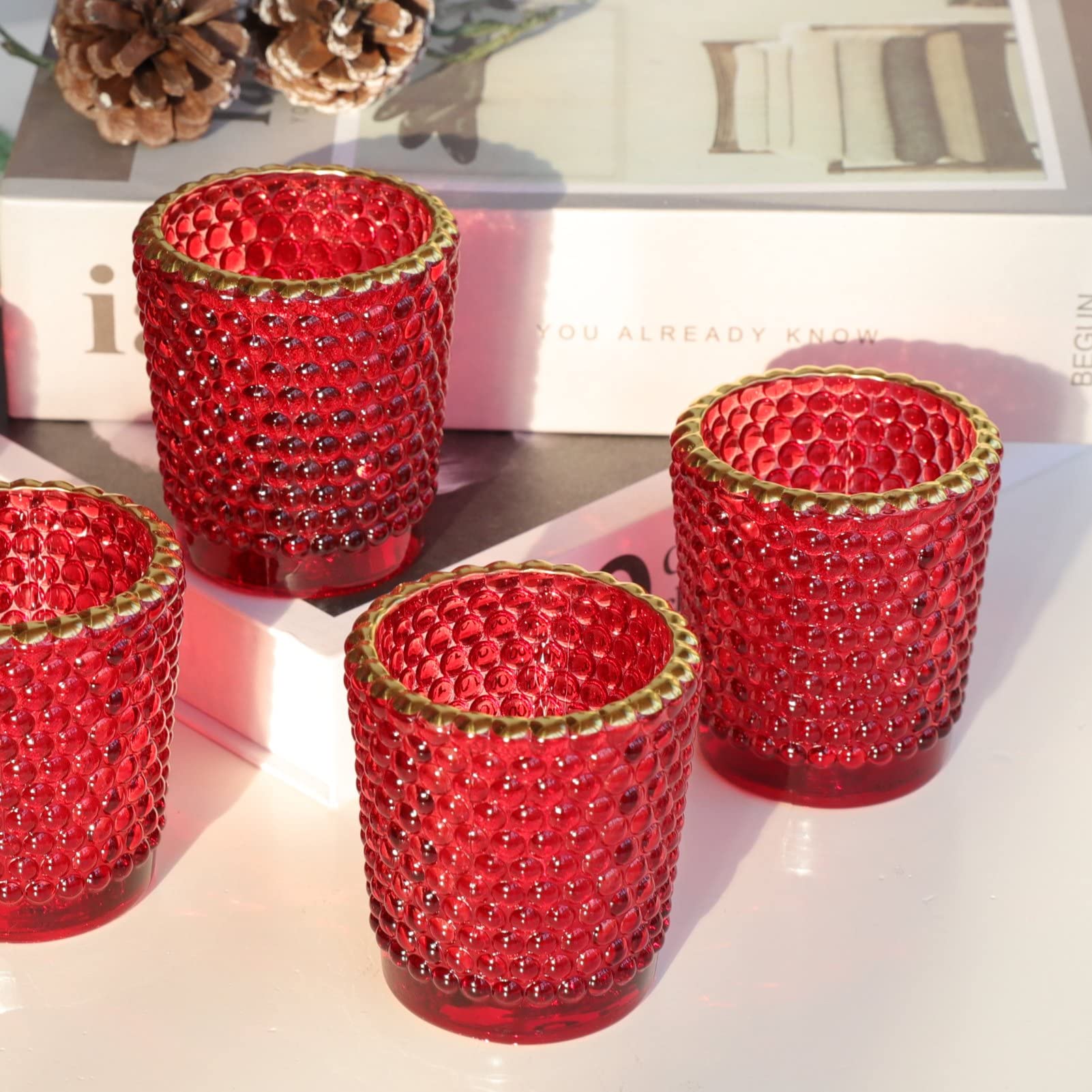 WOHO Set of 12 Red Glass Votive Candle Holders with Gold Rim - Bulk Tealight Holders for Table Centerpieces, Christmas Decor, Holiday Parties & Romantic Dating Nights - Perfect for Weddings, Restaurants & Home Decoration