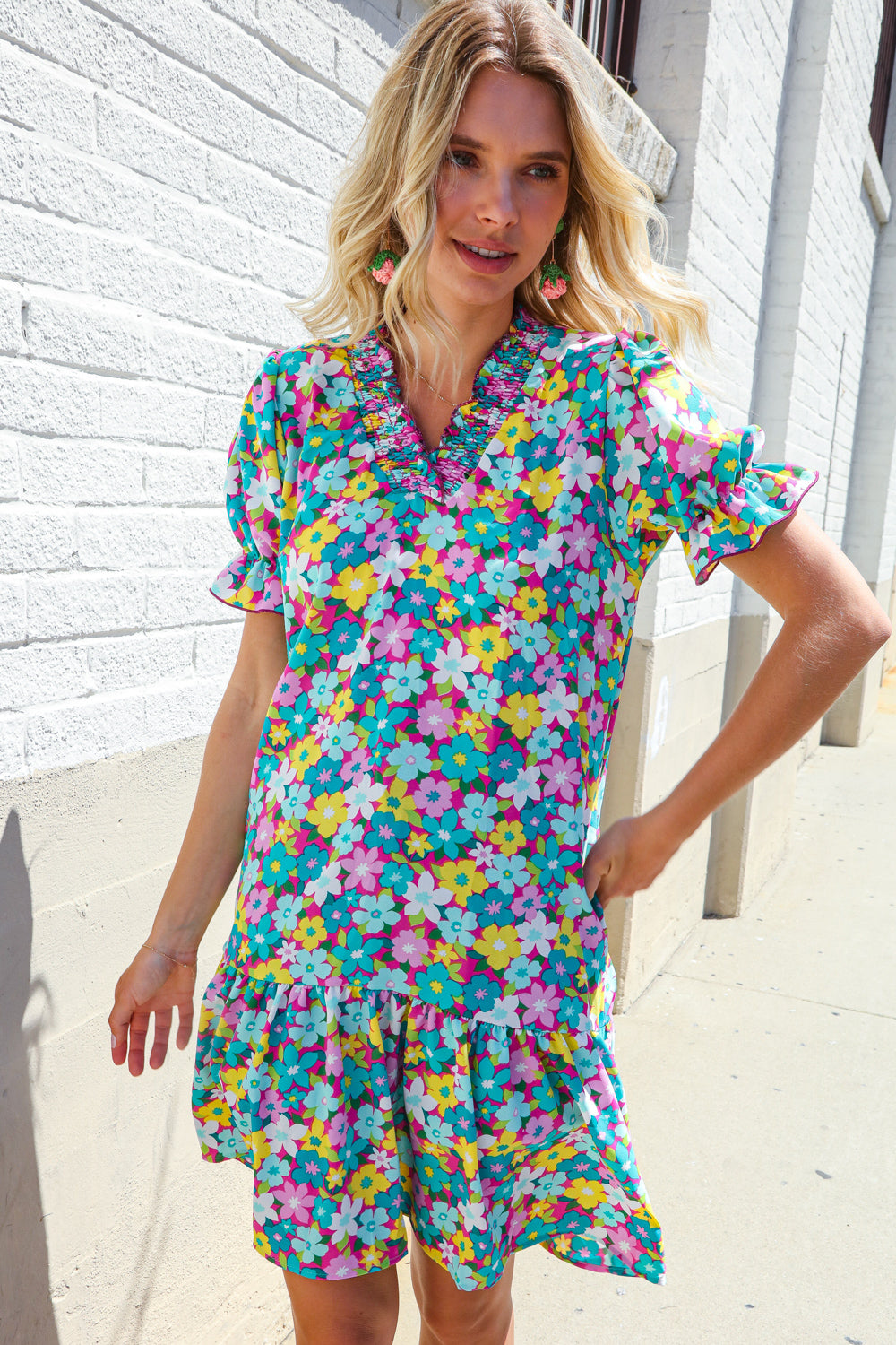 Elegant Blue Smocked Notch Neck Babydoll Floral Print Dress - Perfect for Summer Parties, Weddings & Date Nights