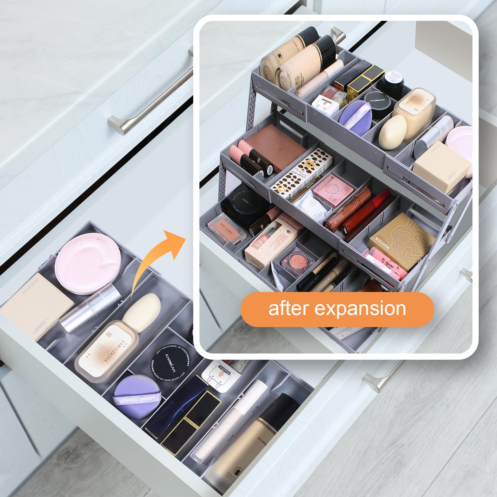 3-Tier Expandable Drawer Organizer - Multi-Level Folding Smart Storage for Makeup, Jewelry, Office & Desk Drawers (Grey) | Space-Saving Solution for Bedroom, Bathroom & Closet Organization