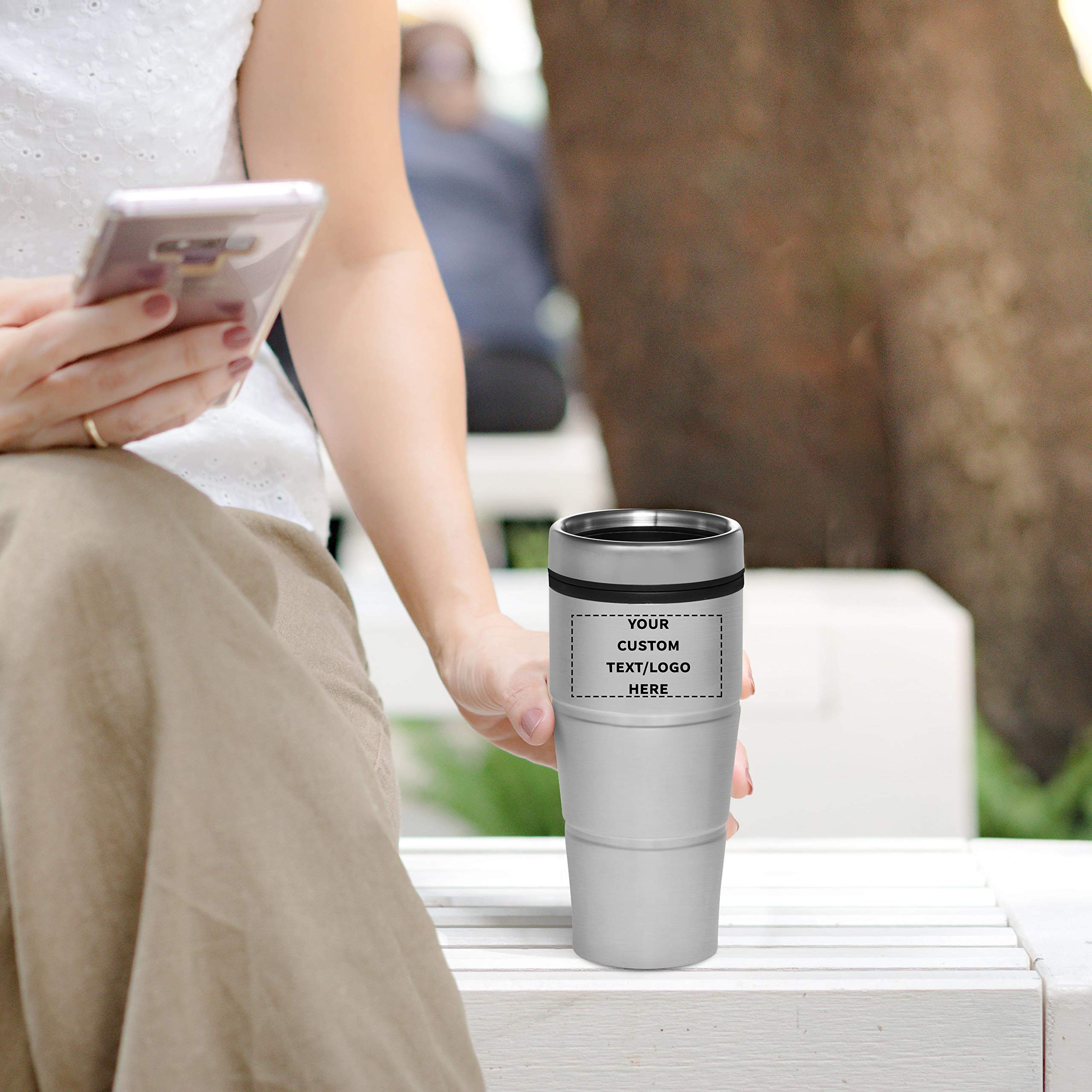 Custom Printed Double Insulated Stainless Steel Tumblers with Logo - Bulk Pack of 50 - Personalized Silver Drinkware for Home, Office, Camping & Travel - Keeps Beverages Hot/Cold for Hours