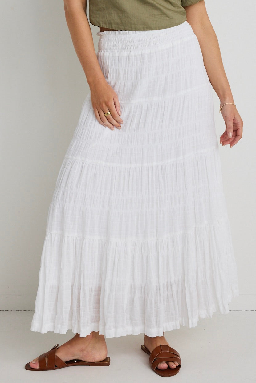 Elegant White Cotton Shirred Tiered Maxi Skirt for Women - Boho Summer Beach Dress, Perfect for Vacations & Casual Outings