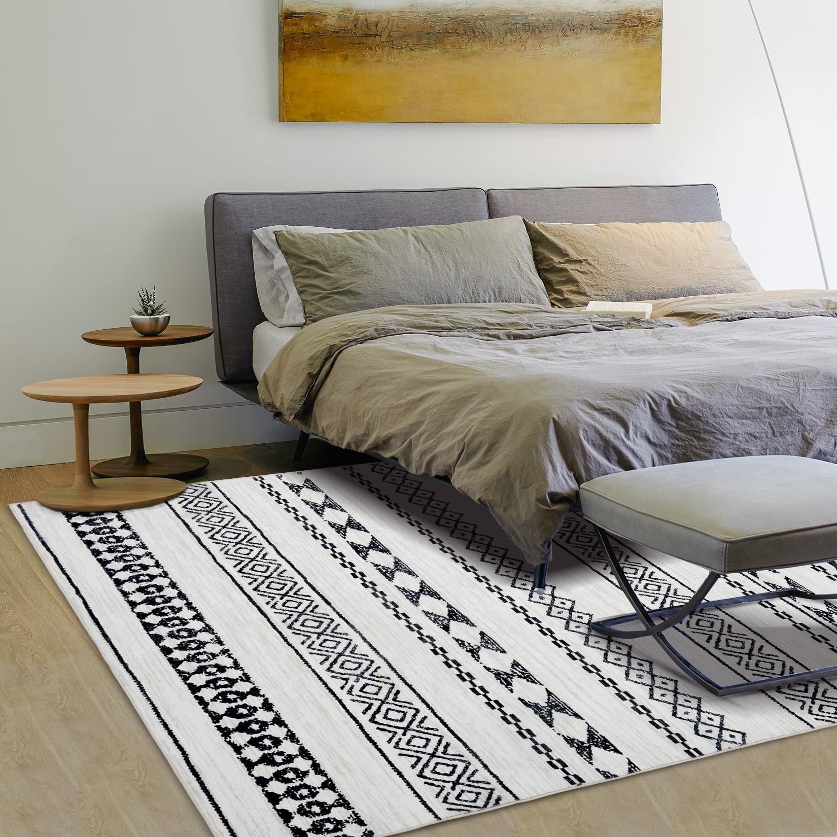 Zacoo 8x10 Non-Slip Geometric Abstract Area Rug - Low Pile Living Room Carpet, Bedroom Decor, Dining & Nursery Rug - Grey/White | Perfect for High-Traffic Areas, Pet-Friendly & Easy to Clean