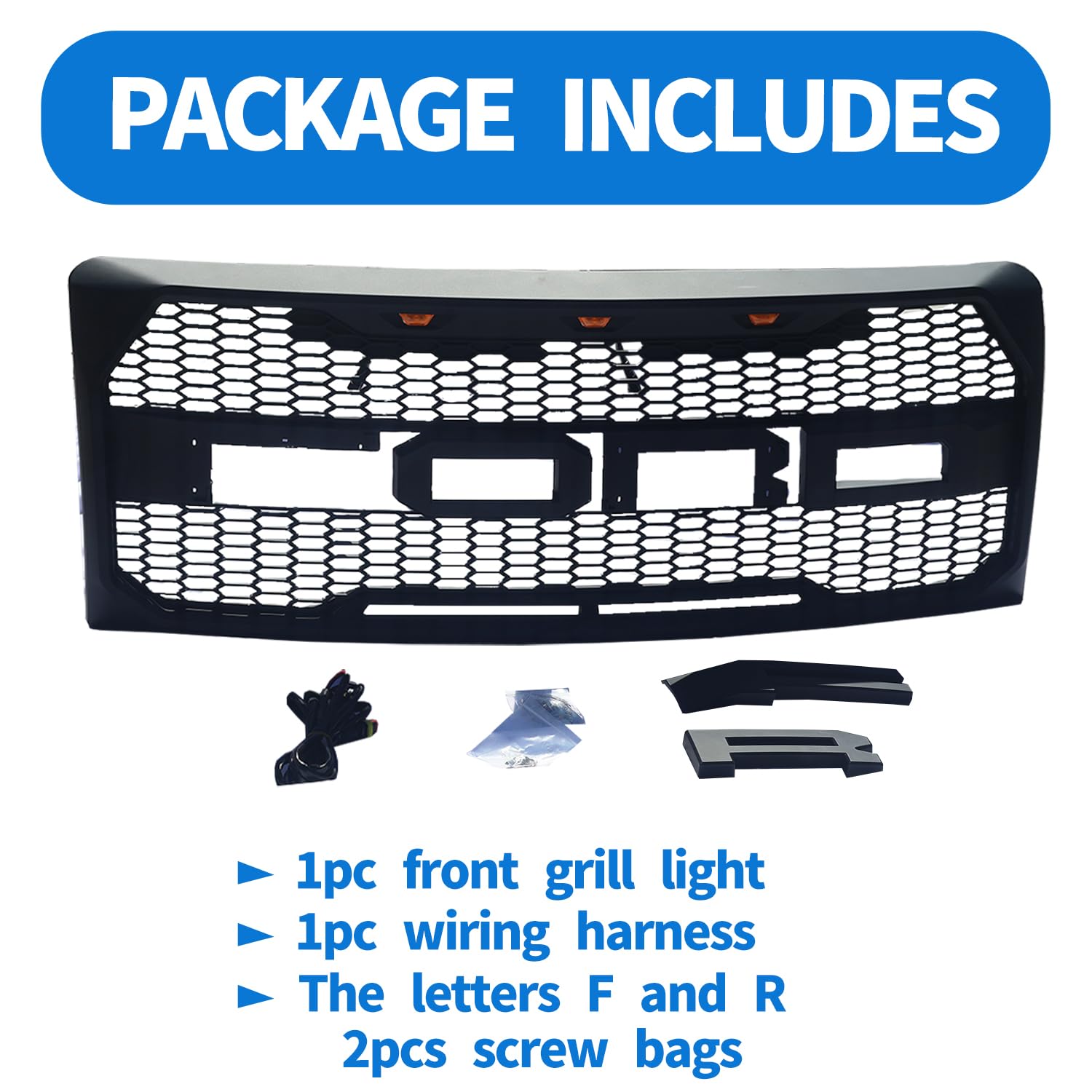 Ford F150 Front Grille Replacement (2009-2014) - Raptor Style Matte Black Mesh Grill with 3 Amber LED Lights | Upgrade for Off-Road & Truck Enthusiasts