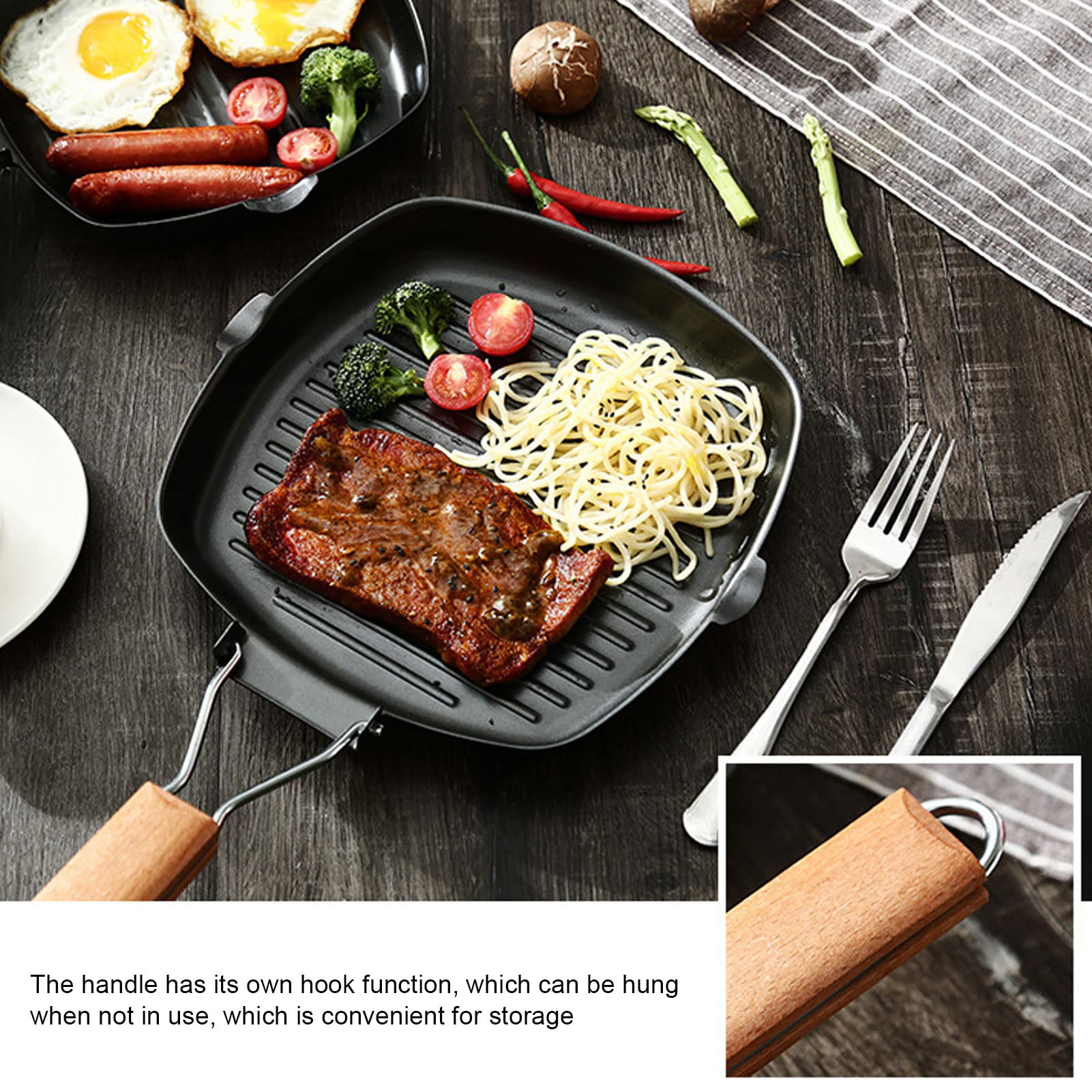 Premium Cast Iron Grill Pan - Large 28x20cm Nonstick Steak Griddle with Folding Beech Handle - Perfect for BBQ, Camping & Home Cooking - Heavy Duty Striped Grill Pan for Steaks, Burgers & Vegetables