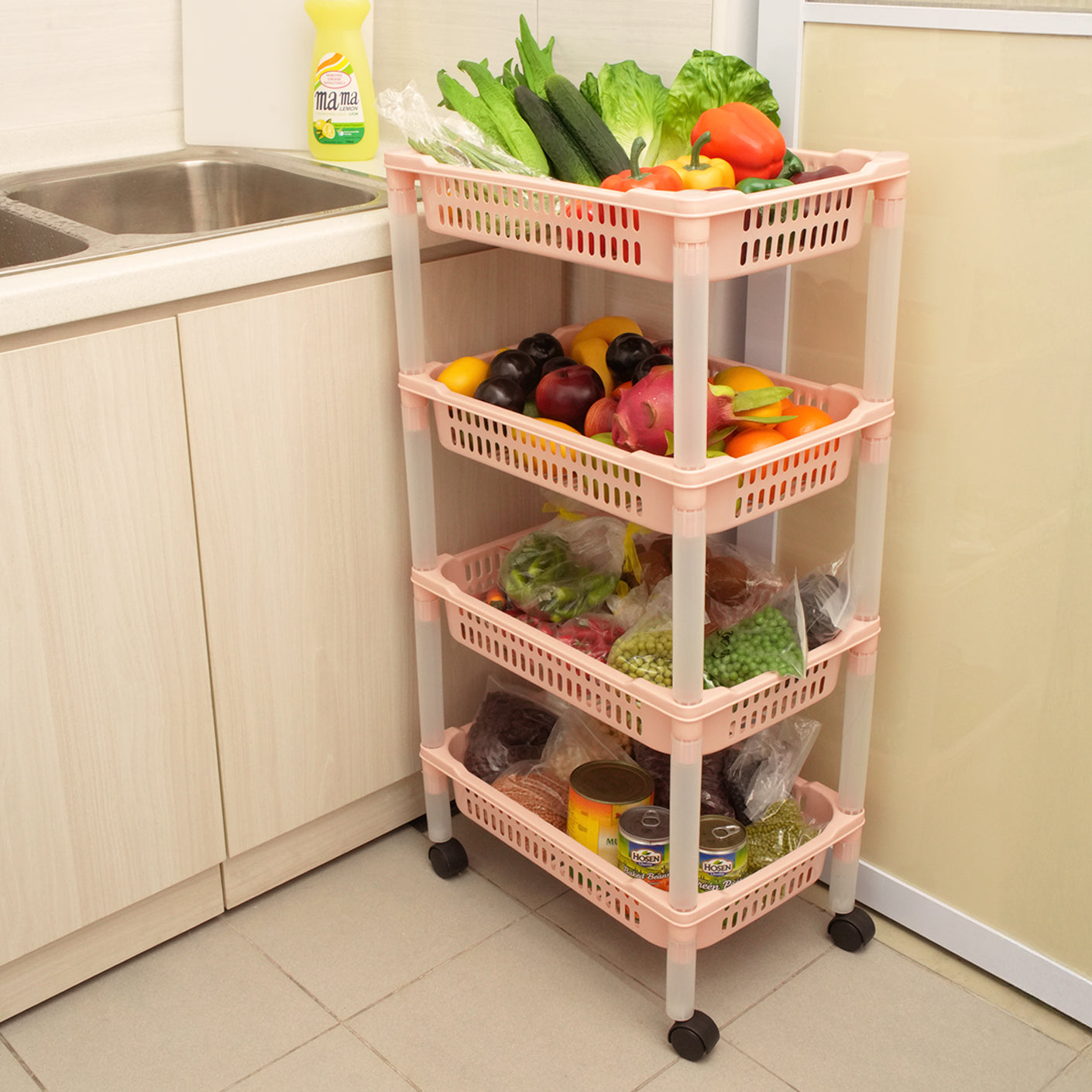 4 Tier Rolling Storage Cart with Wheels - Foldable Metal Utility Basket Organizer for Kitchen, Bathroom, Office, or Garage Use