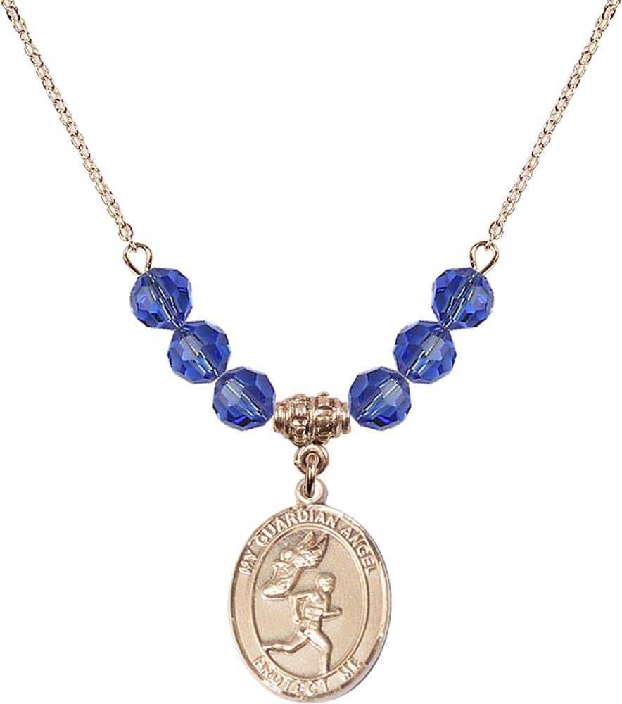 Bonyak 18K Gold Plated Hamilton Necklace with 6mm Blue September Birthstone Beads & Guardian Angel Charm - Track & Field Jewelry for Men - Perfect Gift for Birthdays, Sports Enthusiasts, and Special Occasions