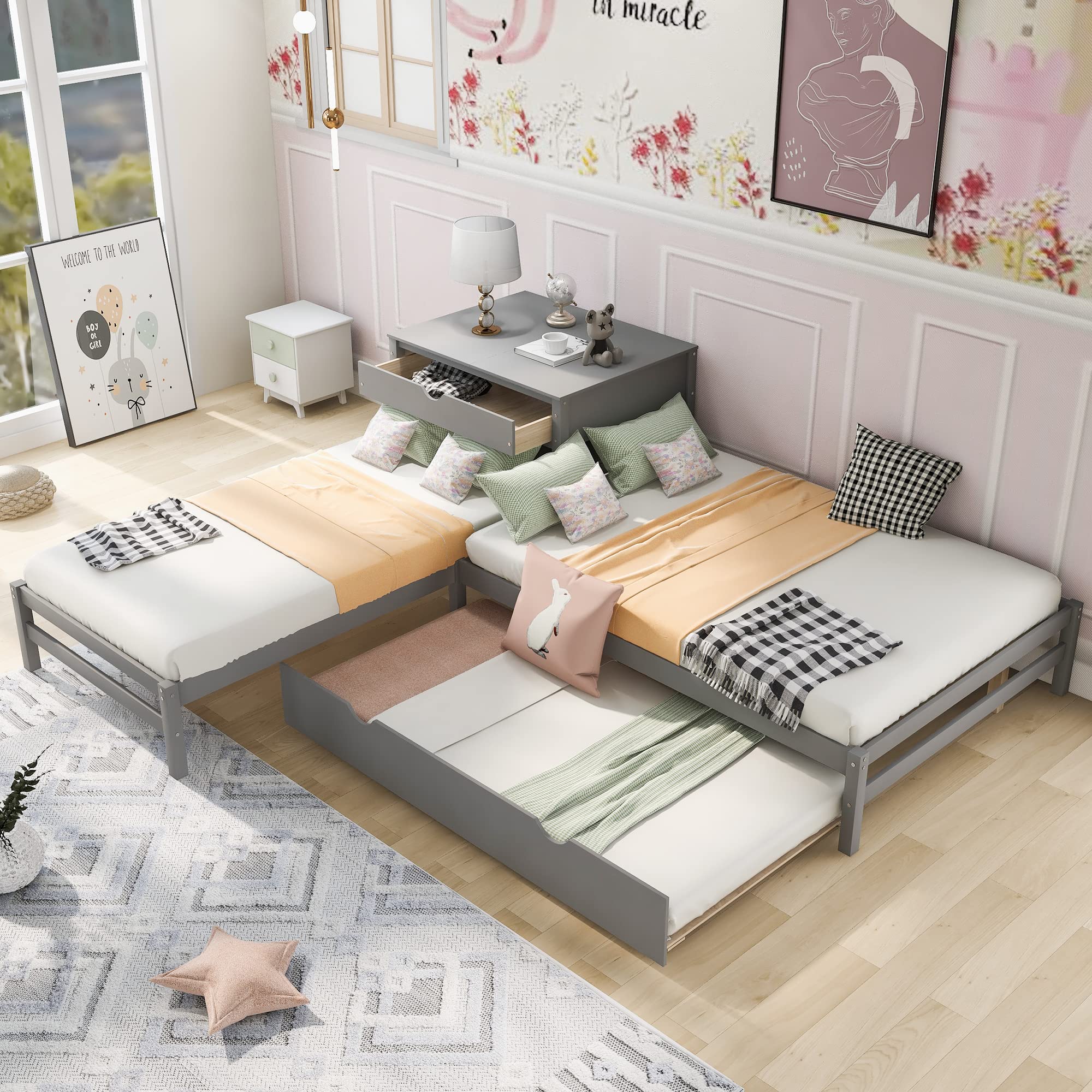 SOFTSEA L-Shaped Corner Platform Bed with Trundle & Built-in Table - Full Size Bed Frame with Twin Trundle for Kids - Space-Saving Bunk Bed Alternative for Small Bedrooms & Shared Kids' Rooms