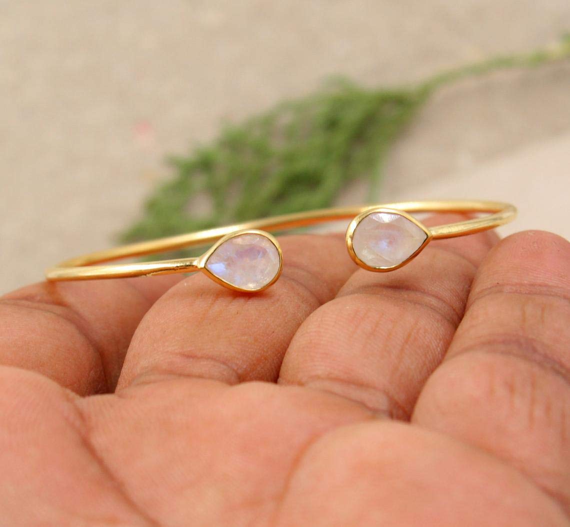 Rainbow Moonstone Adjustable Gold Plated 925 Silver Cuff Bracelet Bangle - Handmade Jewelry for Women, Boho Chic Accessories for Everyday Wear & Special Occasions