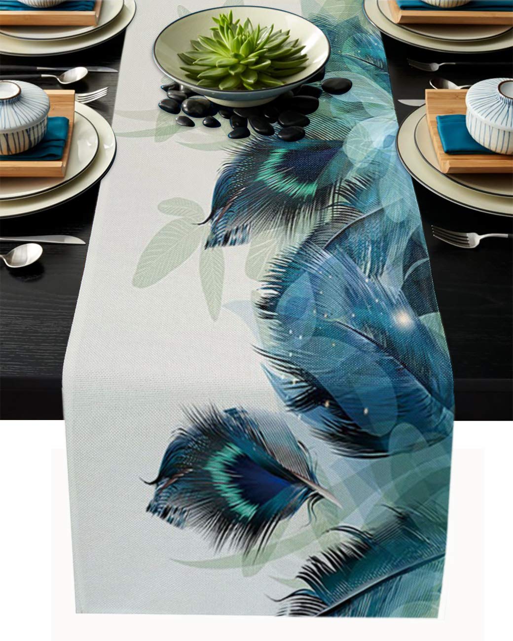 EZON-CH Peacock Feather Polyester Table Runner - Washable Farmhouse Rectangle Table Setting Decor for Brunches & Dinners (18x72 Inch) - Perfect for Dining Room, Kitchen, Wedding & Holiday Decorations